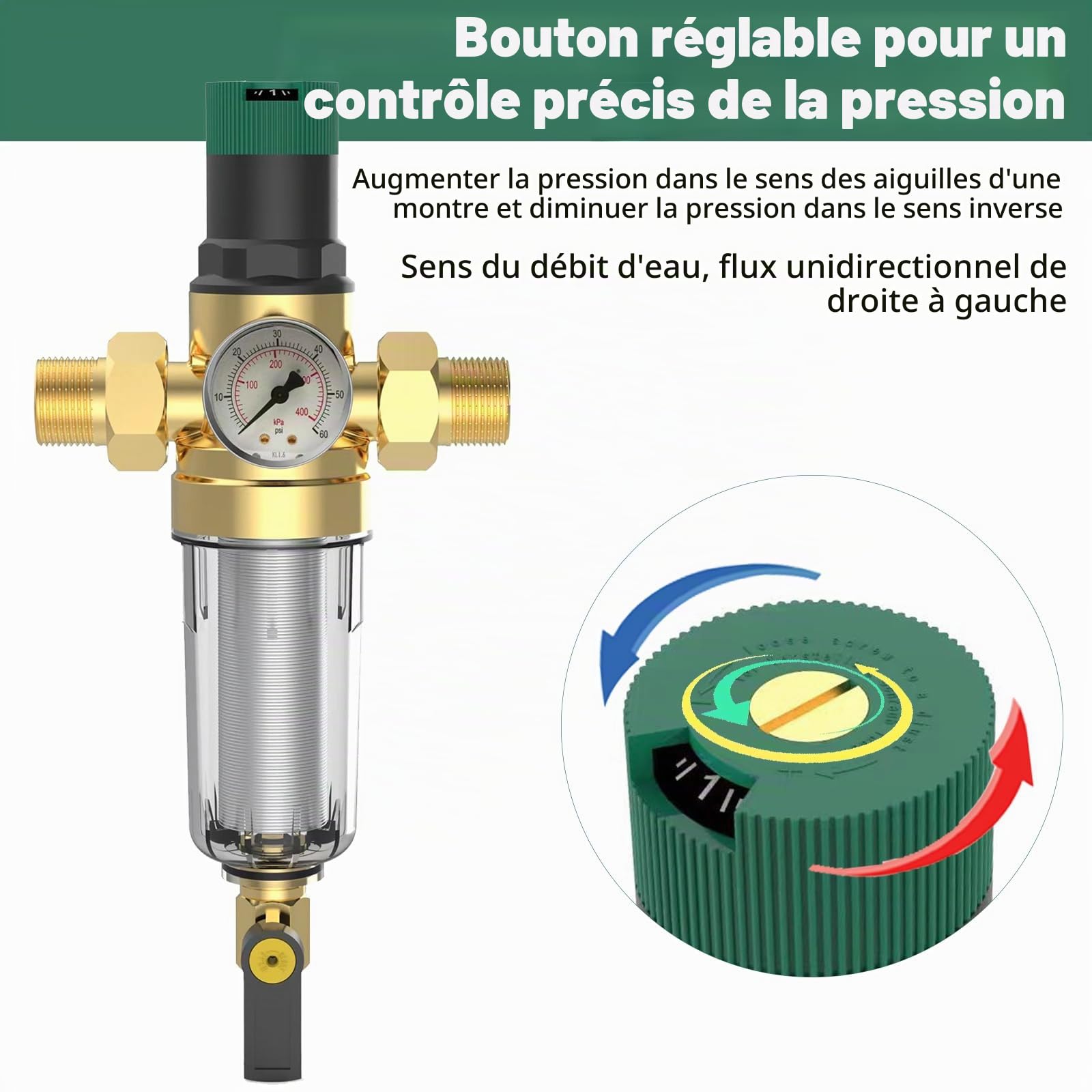 Reducteur de Pression Eau 1/2 Pouce, Reducteur de Pression Avec Manometre Pression Eau Et Filtre à Mailles, RéDucteur de Pression D'Eau En pour Robinets D'Irrigation de Jardin de Chauffage au Gaz