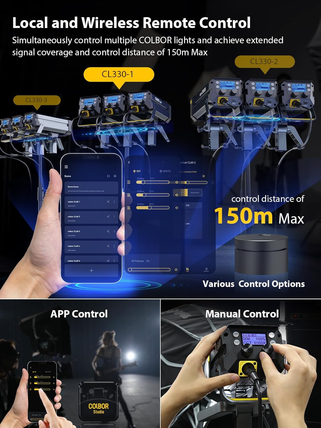 Video Light, COLBOR CL330 Lite 330W Continuous Lighting 2700-6500K Bi-Color CRI96+ 12,400Lux@3.3ft COB Studio Light Professional with 10 Light Effects【Carrying Bag and Reflector NOT Included】