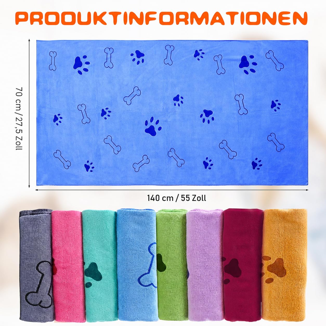 Hundehandtuch 8er Set, Mikrofaser-Handtücher 140 x 70 cm für Hunde & Katzen | Extra Saugstark & Weich, Schnelltrocknend, Ideal Nach Baden, Regen, Schwimmen, Auto, Reise & Pfotenreinigung