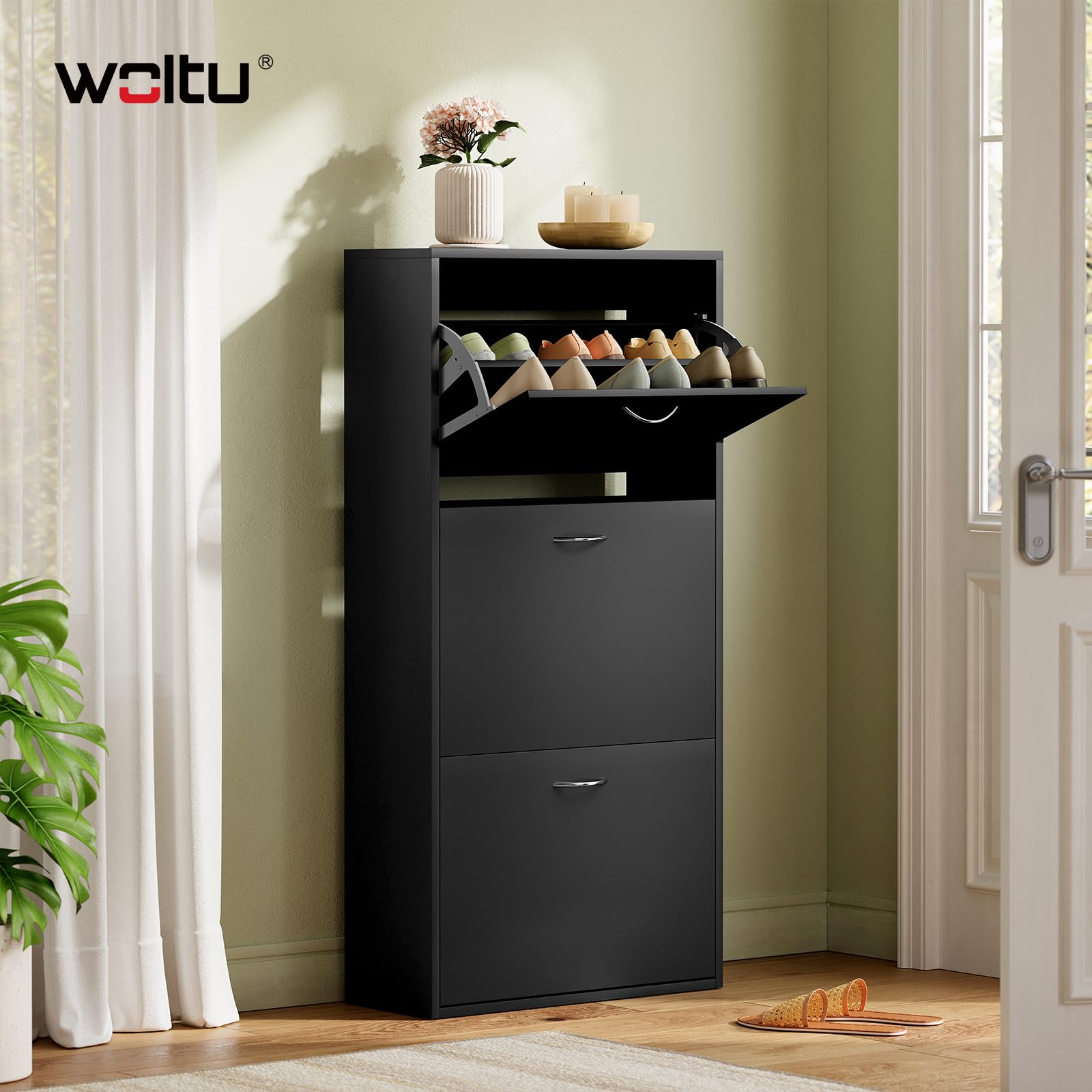 WOLTU Zapatero de Entrada, Armario de Zapatos con 3 Puertas Abatibles, Zapatero Estrecho de Recibidor Pasillo Salon, Estantes Ajustables, Capacidad 14-18 Pares, 58x23x118 cm, Negro | Para 14-18 pares de zapatos, adecuado para pasillos y salones, 58 x 23 x