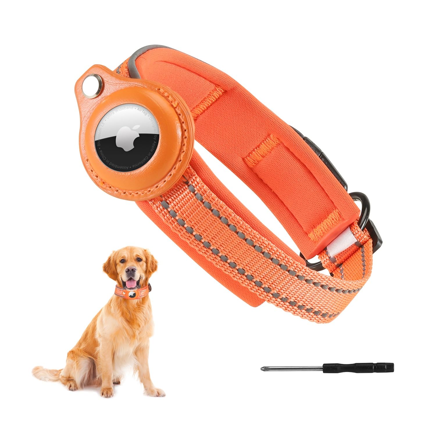 Photo 1 of m--AirTag Dog Collar, Reflective Dog Collar with AirTag Holder Case, Padded Apple Air Tag Dog Collar, Adjustable Pet Collar for Small Medium Large Dogs (M, Orange) M (14in - 17in) Orange