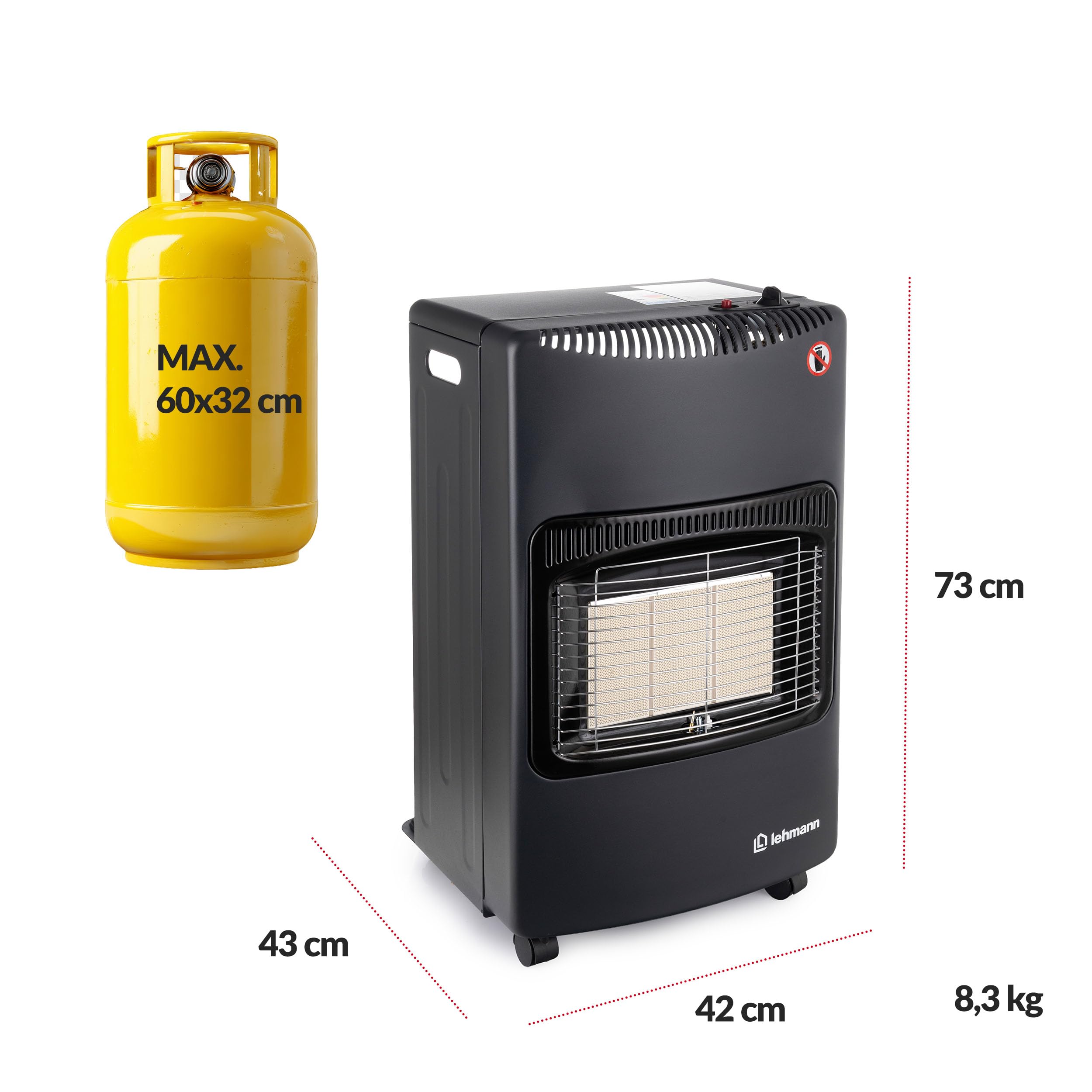LEHMANN Gasheizer, Gasheizung 4,2 kW, bis 80 m², Infrarot, Piezozündung