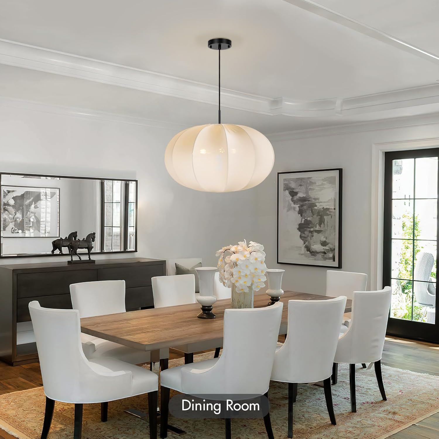 24 Inch Modern Chandelier with Stretch Linen Shade, Adjustable Height Pendant Light for Dining Room, Kitchen Island, Living Room, and Entryway Ceiling Light Fixtures