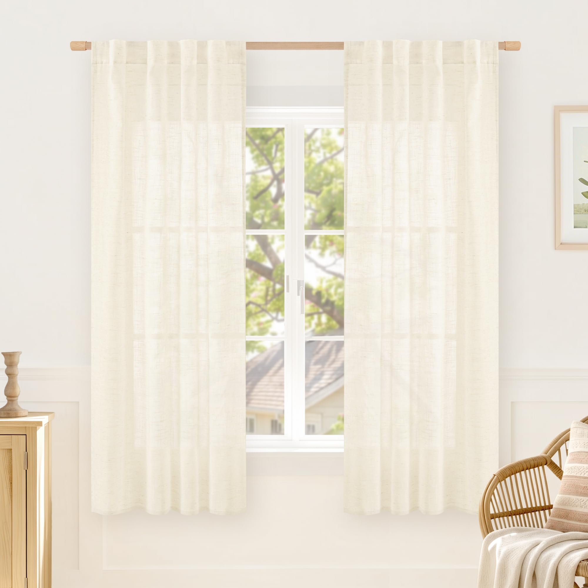 LAMIT Natural Linen Semi Sheer Curtains 84 Inches Long 2 Panels, Living Room Linen Textured Light Filtering Drapes Back Tab and Rod Pocket Neutral Window Panels for Bedroom/Sliding Door, 52 x 84 Inch — view 19
