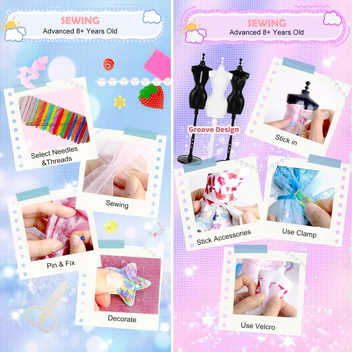 PATPAT® DIY Kids Sewing Kit Doll Set for Girls for Doll Clothes Includes Mini Mannequins, Assorted Charms, Craft Tools & Accessories, Hand Stitch Clothes Making Play Craft Kit for Girls 8-12 3