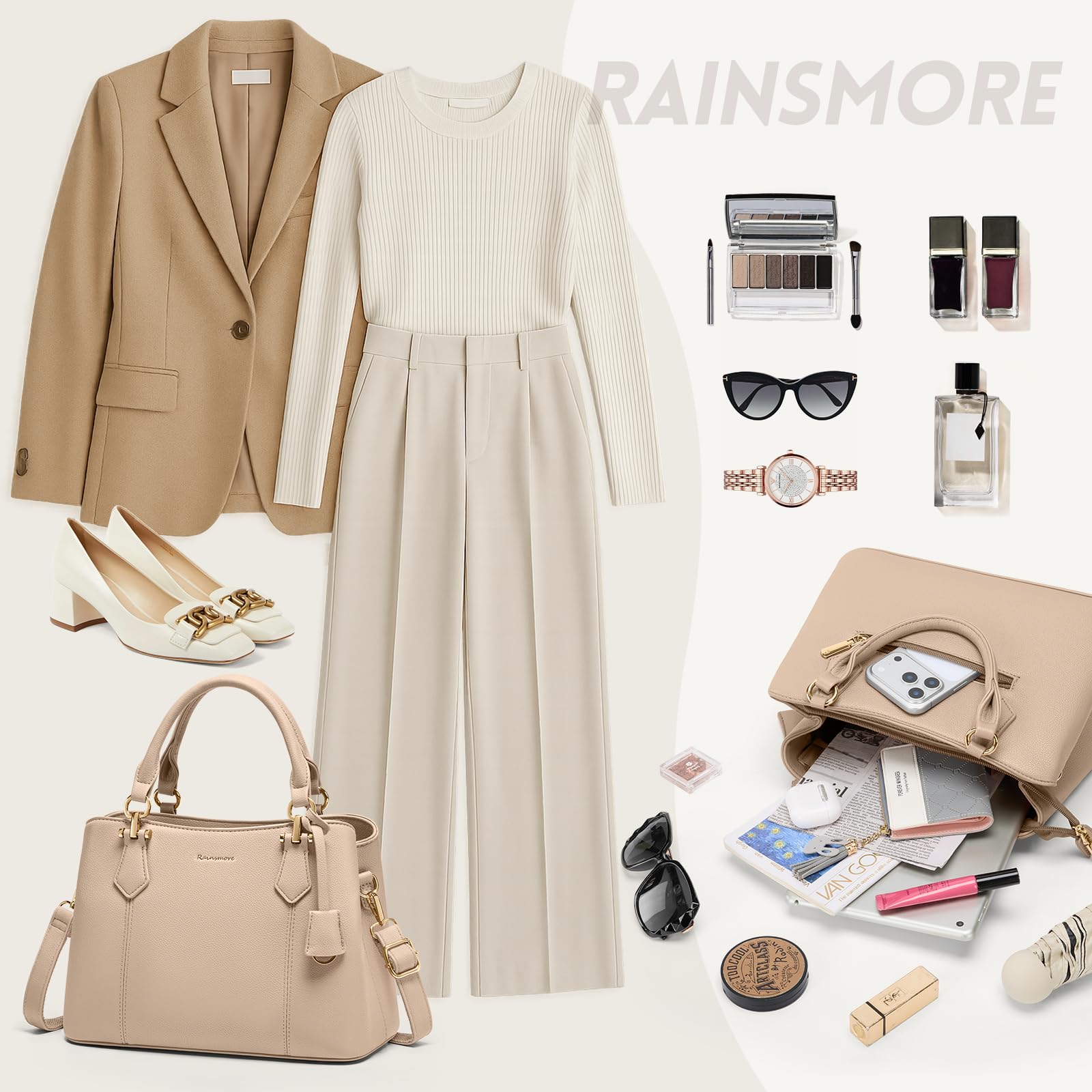 RAINSMORE Sac a Main Femme Cuir PU Sac à Main Bandoulière Elégant Sacs à Main Cabas Femme Fourre Tout pour Université Travail Voyage