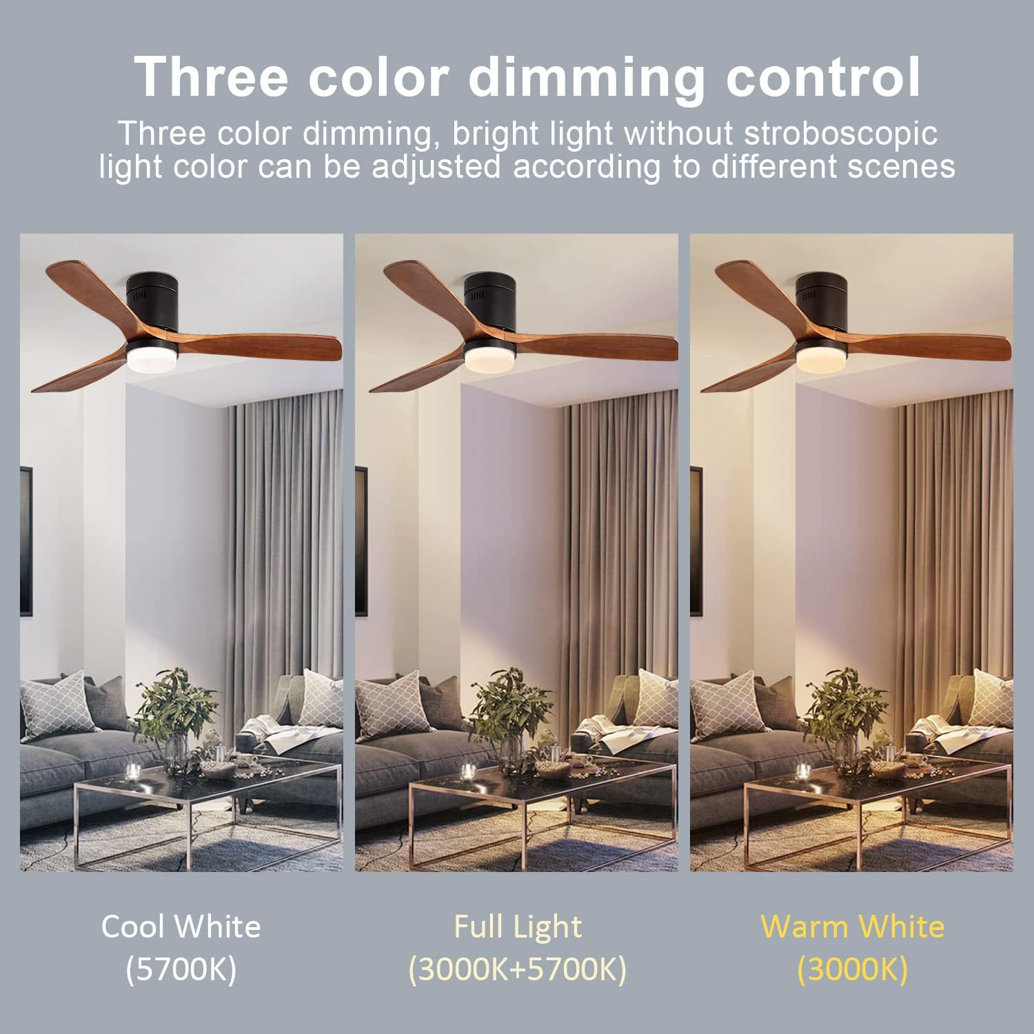 52 Inch Indoor Ceiling Fan with Lights 3 Solid Wood Fan Blade Noiseless Reversible Motor Remote Control with Light