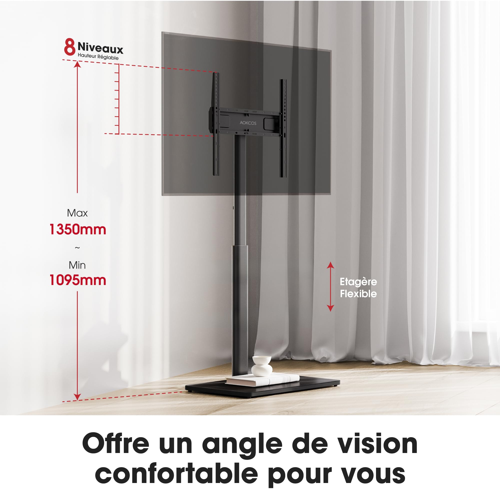 AOKCOS Support TV sur Pied pour TV de 32-65 70 Pouces - Pied TV Plus Haut 1095 MM - 1350 MM Pivotant 60° Inclinaison 12° jusqu'à 40 KG Max. VESA 400x400 MM