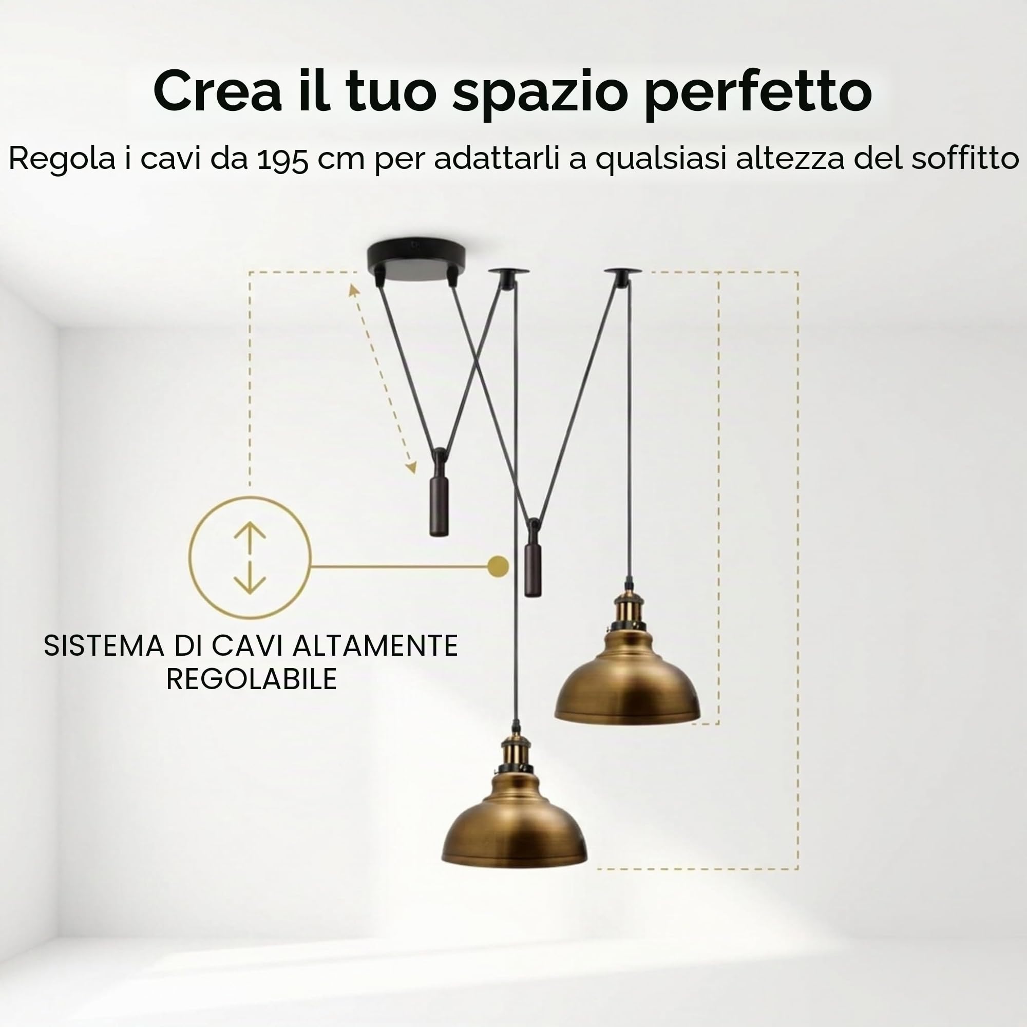 LEDSone Lampada a sospensione a forma di ragno a 2 teste, paralume in metallo da 29 cm, cavo regolabile da 195 cm, lampadina Edison vintage da 60 W E27 (Ottone giallo)