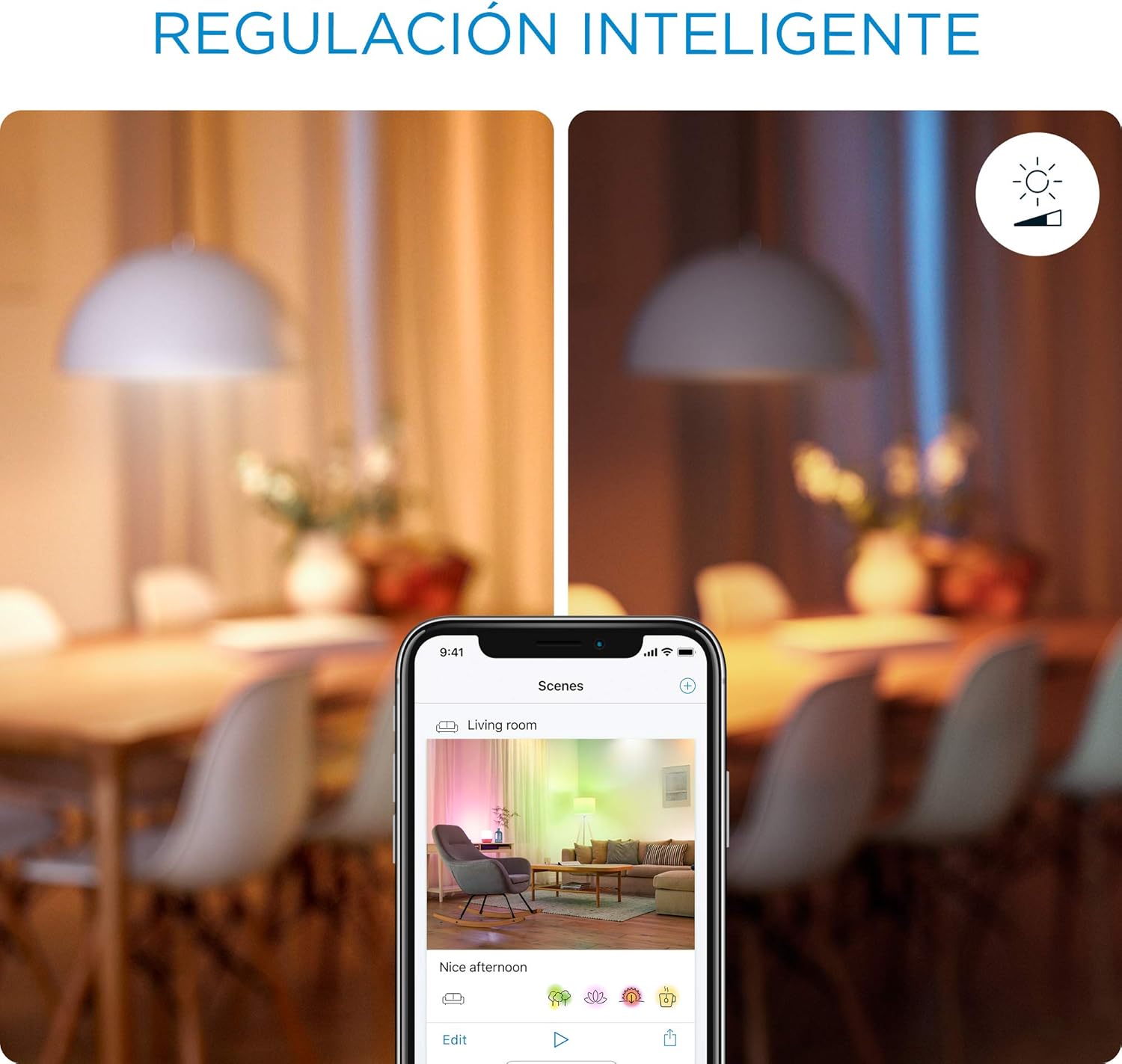 WiZ app interface showing smart regulation and scene selection