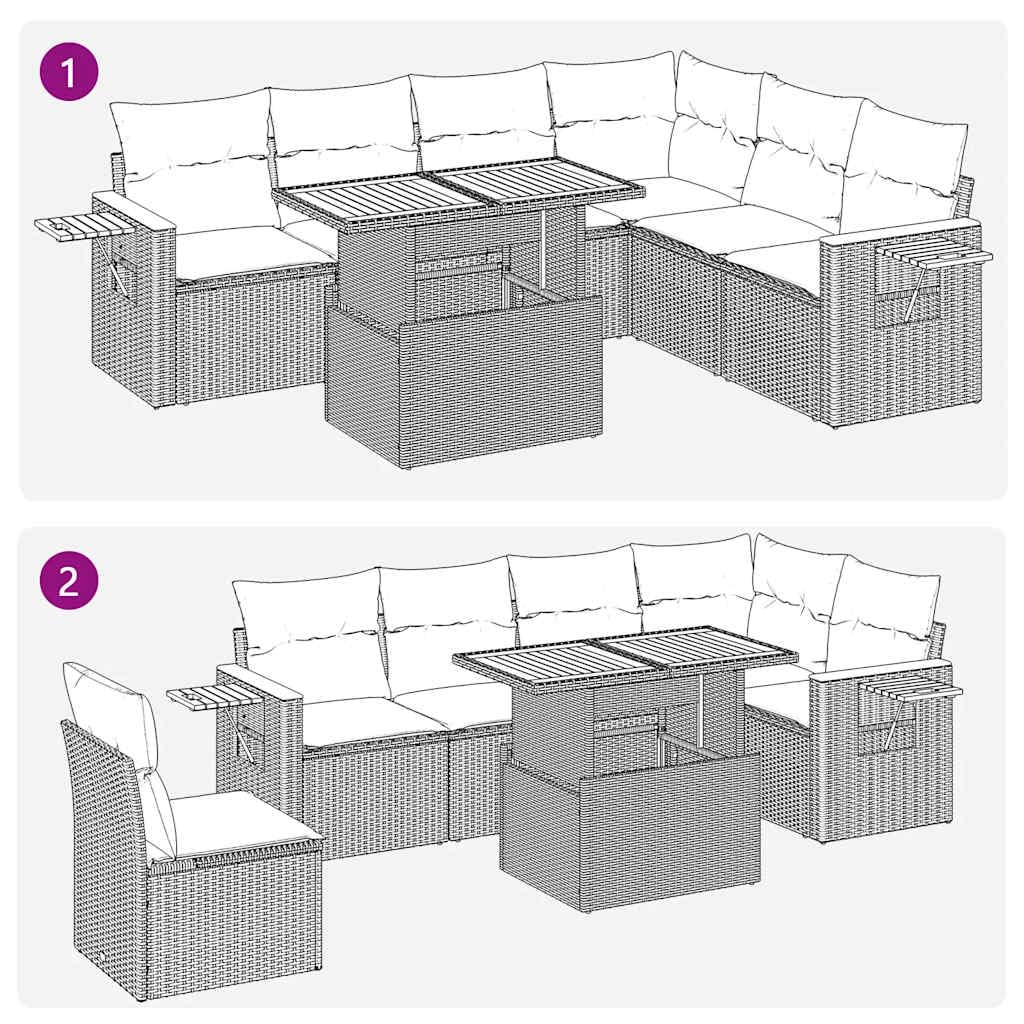 Conjunto modular de 7 piezas de polirratán y acacia, beige, con almacenamiento y bolsa impermeable, mesa auxiliar plegable y extraíble lavable