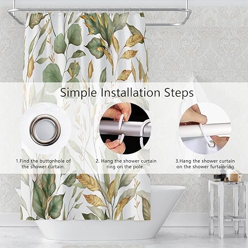 Miniatura 153 de Cortina de ducha de baño con temática de dinosaurio, cortina de ducha de hojas tropicales de dinosaurio verde con ganchos, cortina de ducha de tela