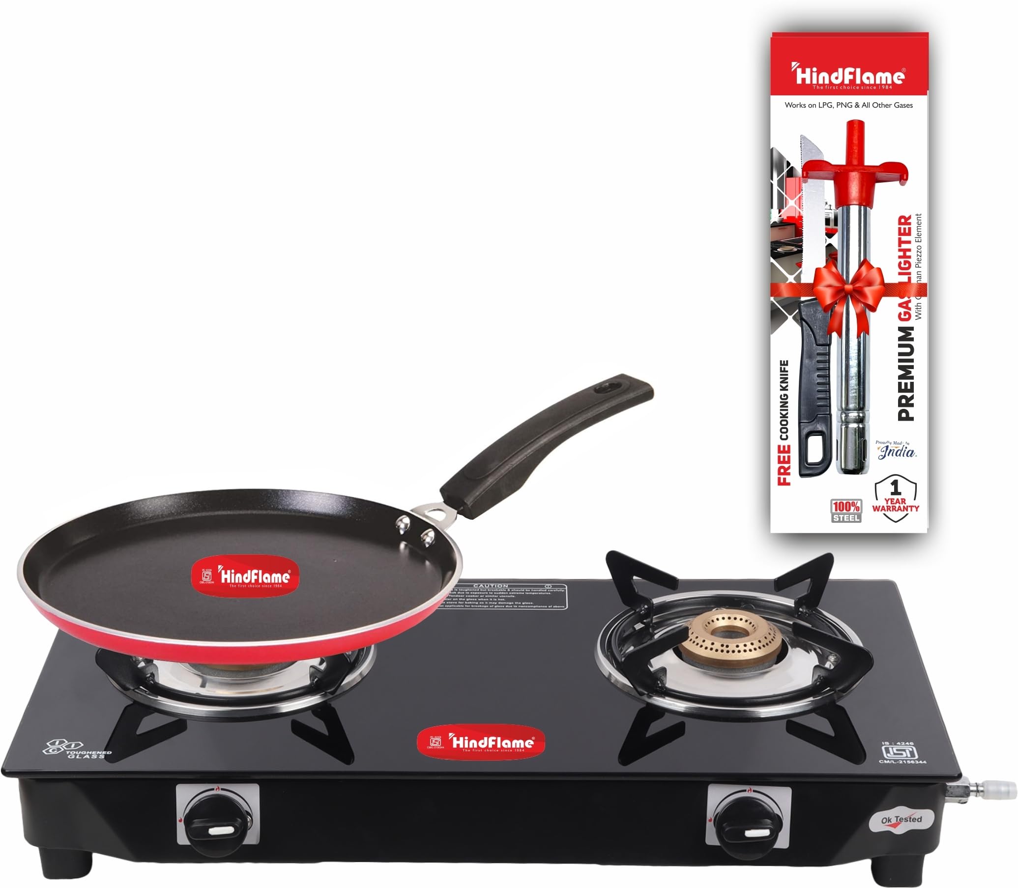 Gas Stove Combo - Pixel 2 Burner Cooktop + 1 Ligher + 1 knife + Dosa Tawa 26cm Glass Manual Gas Stove-picture-57