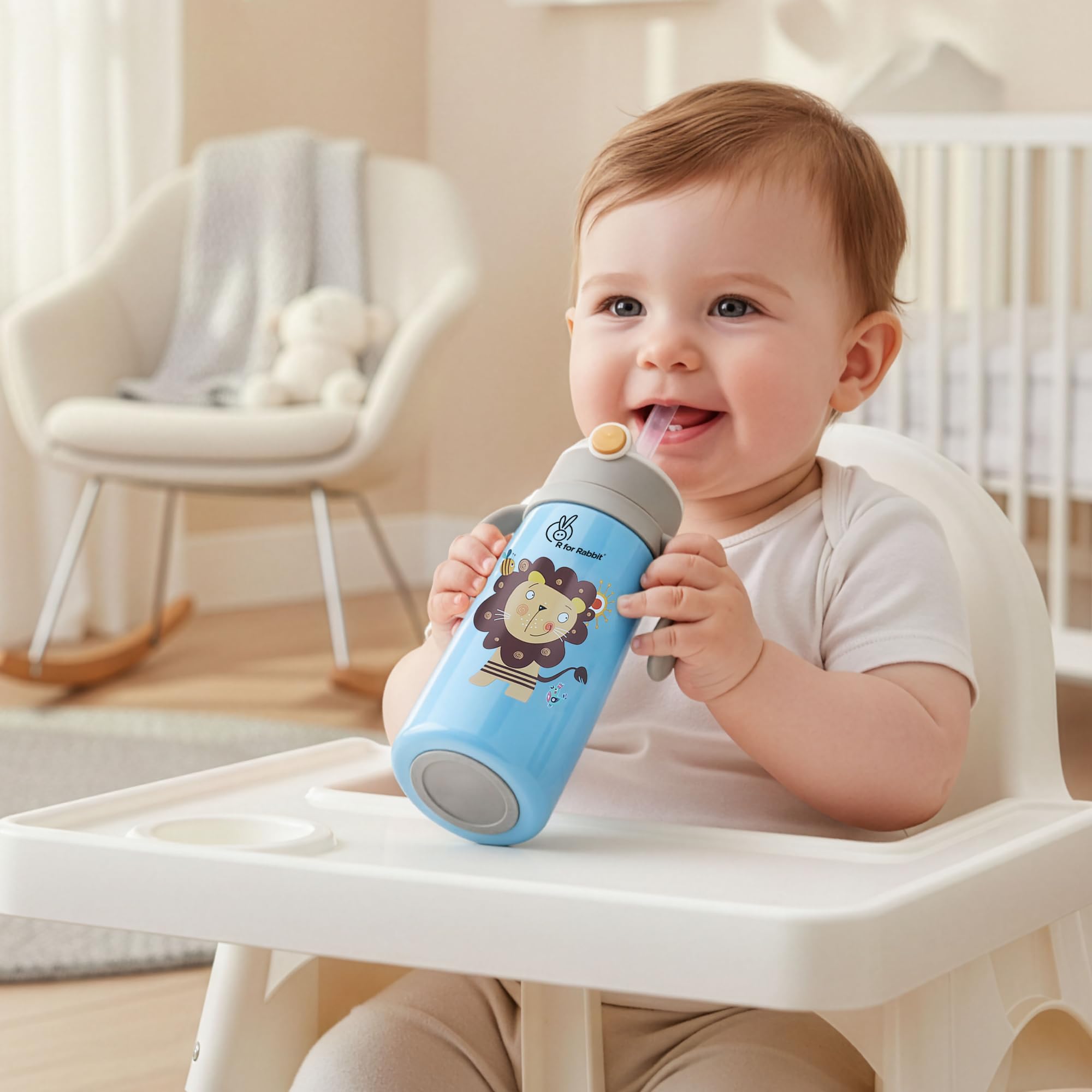 R for Rabbit Steebo Safari Premium Stainless Steel Water Sipper for Baby, Spill Proof BPA Free Soft Silicone Straw Drinking Sipper for Kids of 12+ Months (500ml, Blue Lion)-image-8