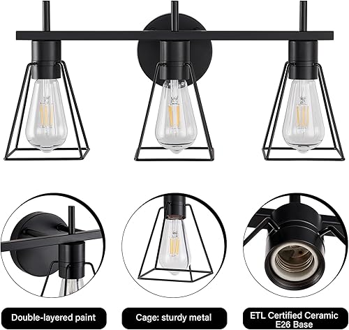 Miniatura 6 de Lámpara de tocador de baño de granja sobre el espejo, aplique de pared de 3 luces negro mate con jaula de metal, enchufe E26 (bombillas no incluidas)