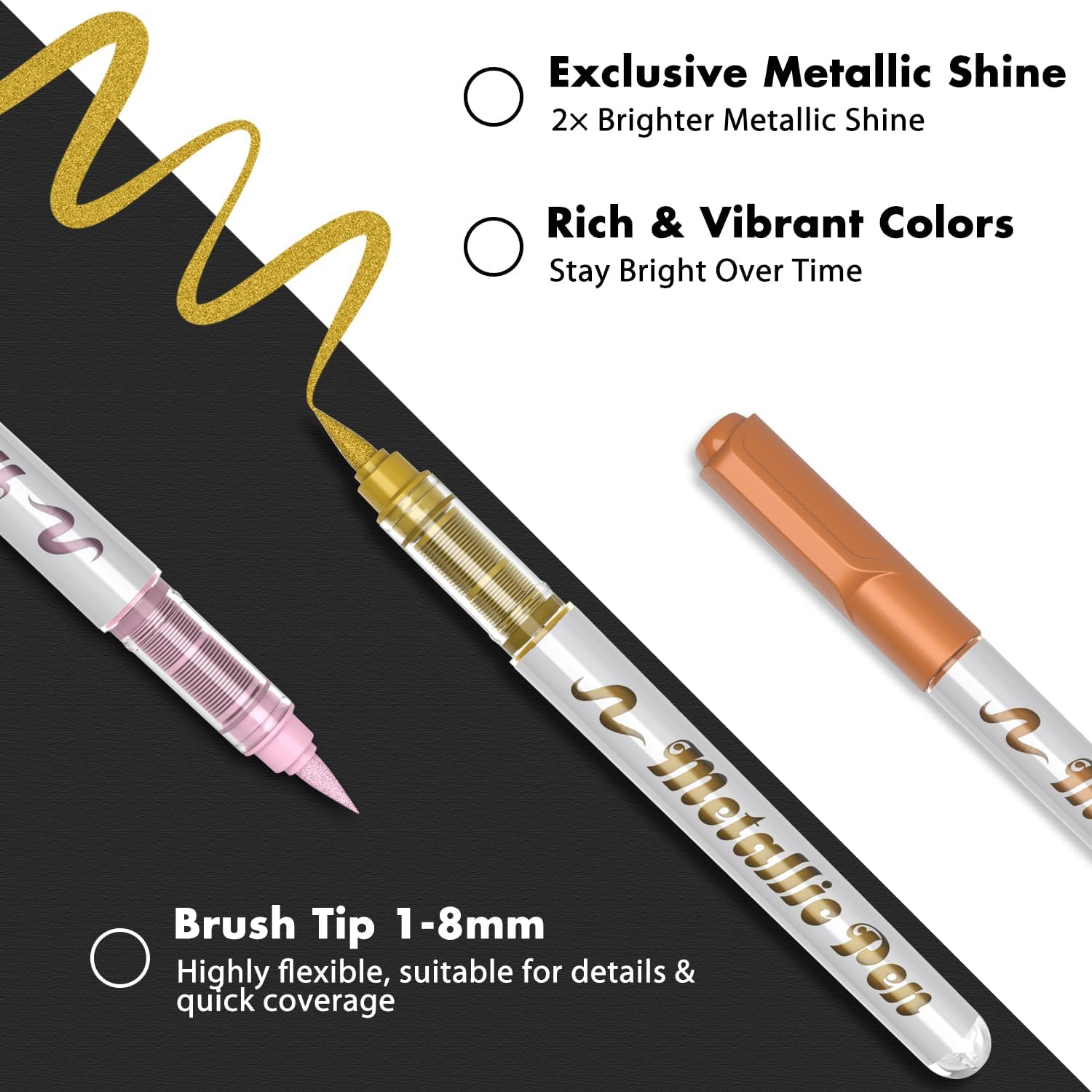 Guangna Metallic Marker Pens, 36 Colors Brush Tip Acrylic Paint Markers for Black Paper, Scrapbooking, Rock Painting, DIY Arts & Crafts, Glass, Wood, Card Making, Scrapbook Supplies