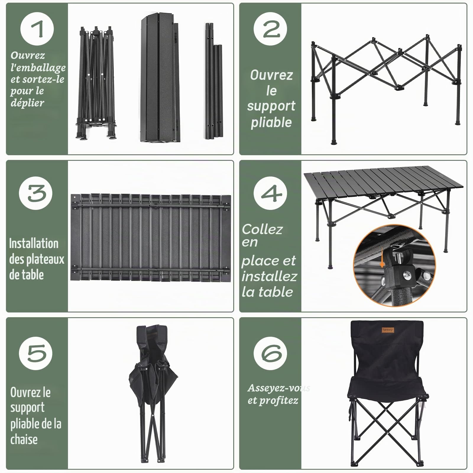 Rainberg Table de Camping Pliable avec 4 chaises, Utilisation en extérieur et intérieur pour Barbecue, Pique-Nique, fête de Jardin, Design Portable Pliable (Table avec 4 chaises, Noir)