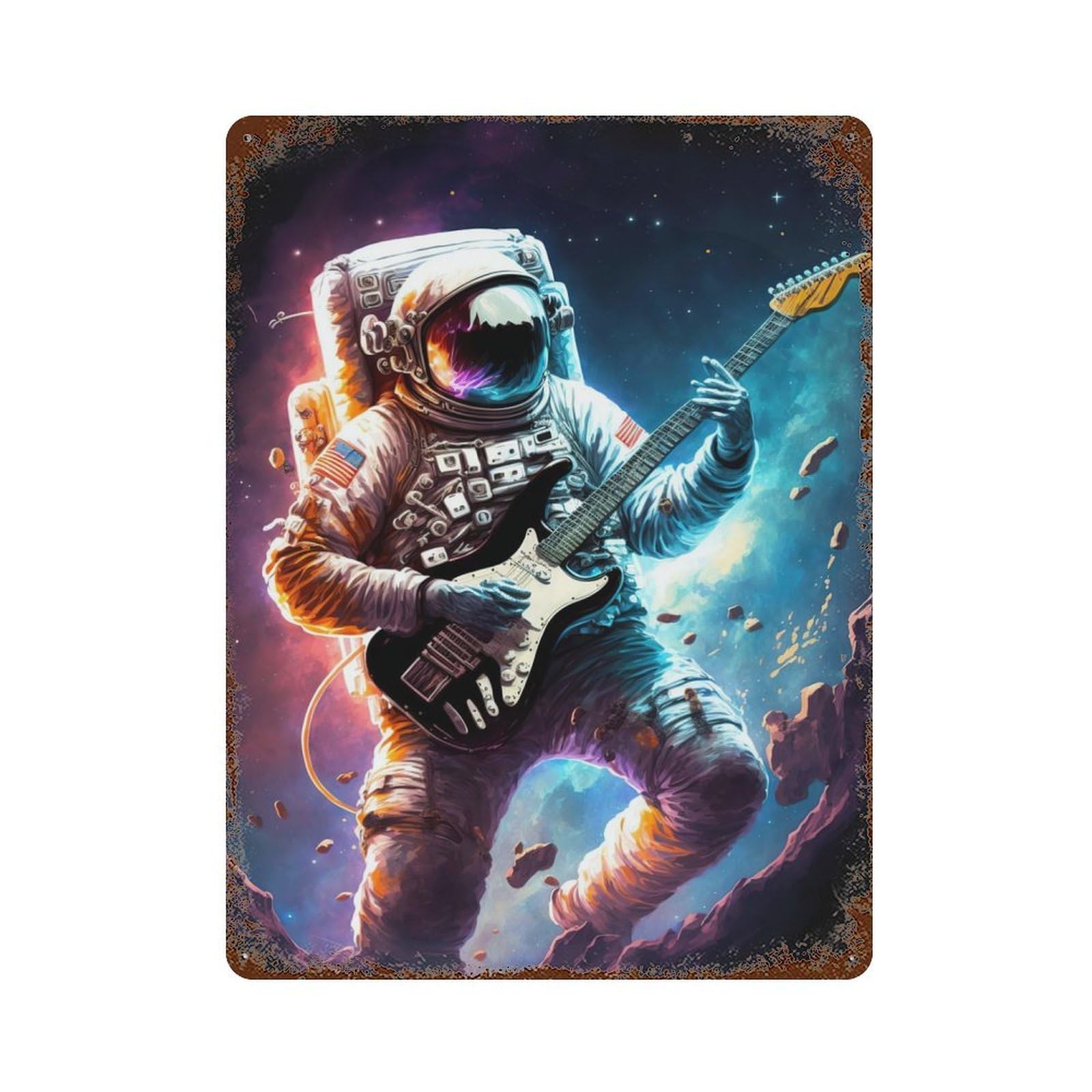 Astronaut Playing Guitar Vintage Wall Sign 15.7"x11.8", Rust Effect Metal Decor for Farmhouse, Kitchen And Entryway Decor