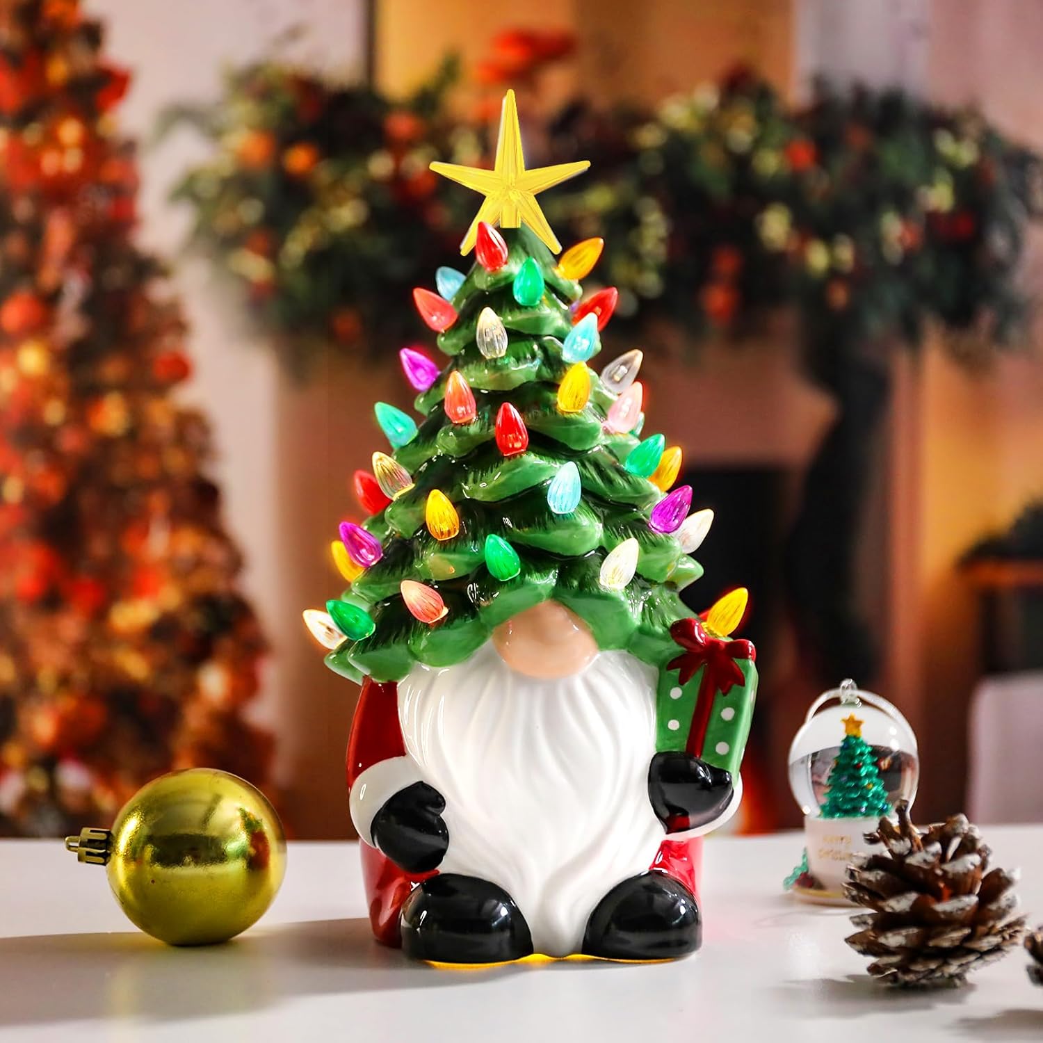 Taman Ceramic Christmas Tree, 11" Gnome Christmas Tree Tabletop Light Up Decoration with Multicolored Lights and Star Treetop for Christmas Holiday Indoor Decorations