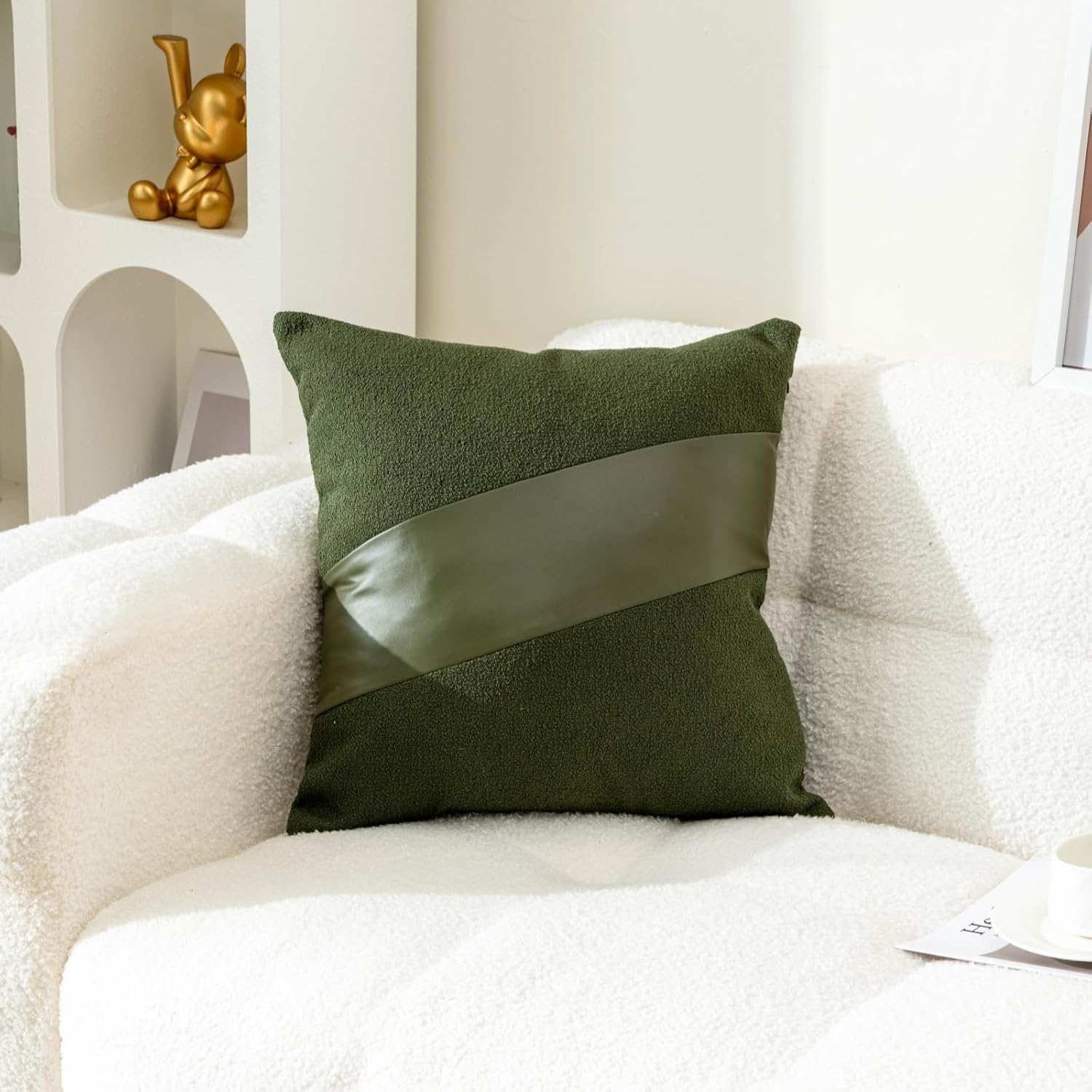 Boho Farmhouse Olive Green Boucle Throw Pillow Covers with Faux Leather 18 * 18 Inch Set of 2 - Modern Nordic Cushion Covers Fluffy Textured Home Decor for Couch, Bed, Sofa, Living Room - Image 3