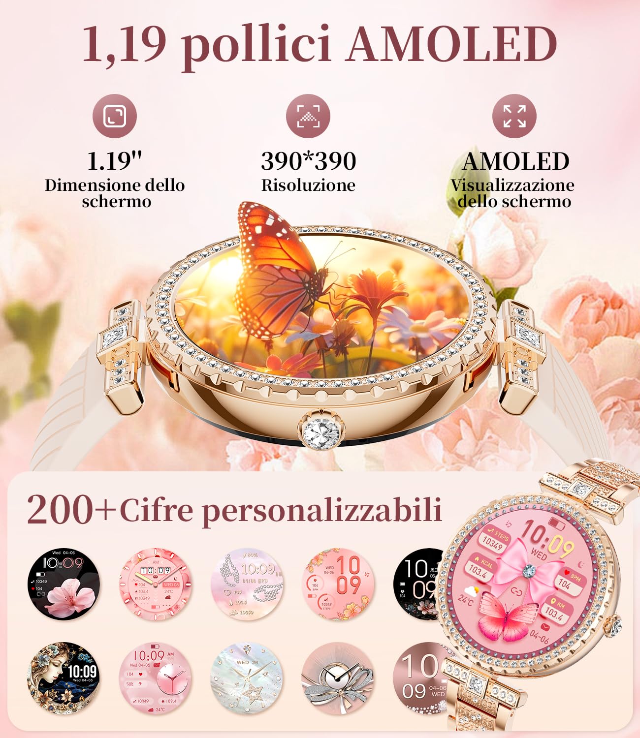 ESFOE Smartwatch Donna,1.19" AMOLED Orologio Smartwatch Donna con Chiamate Whatsapp,Orologio Fitness 120+ Sportive,Ciclo Mestruale,Cardiofrequenzimetro Sonno,IP68 Impermeabile Smart Watch Or Rosa