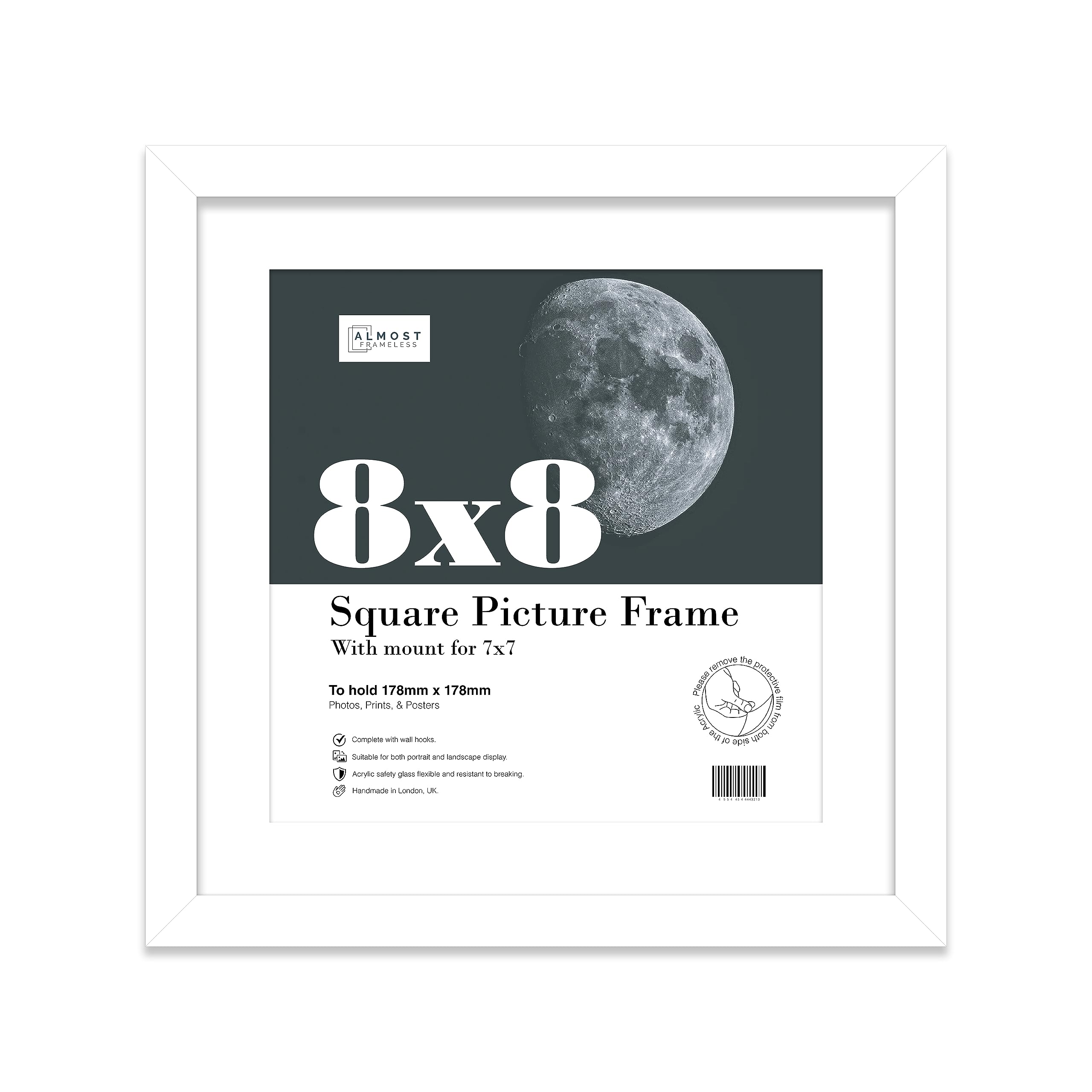Almost Frameless 8x8 Picture Frame, Display Pictures 7x7 With Mat or 8x8 Without Mat, Wall Hanging & Free Standing Photo Frame, White, 1 Pack