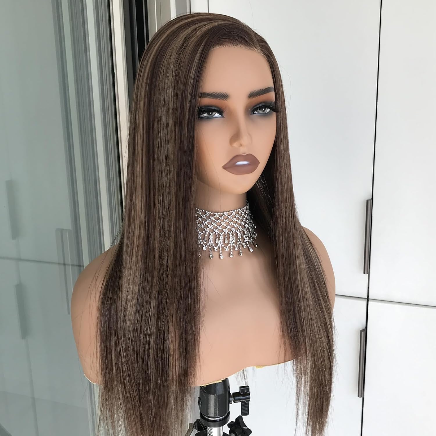 Wear and Go Glueless Wigs Pre Plucked Pre Cut Layered Straight Light Brown with Honey Blonde Highlights Synthetic Lace Front Wig for Women 4/27 Side Part 18 Inch