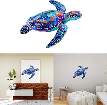 Wooden Sea Turtle Wall Art, 14.2" Mosaic Style Printed Ocean Animal Beach Theme Coastal Hanging Decoration for Kids Room Bathroom Living Room Laundry Spa Washroom Lake House, Ocean Lovers Gift