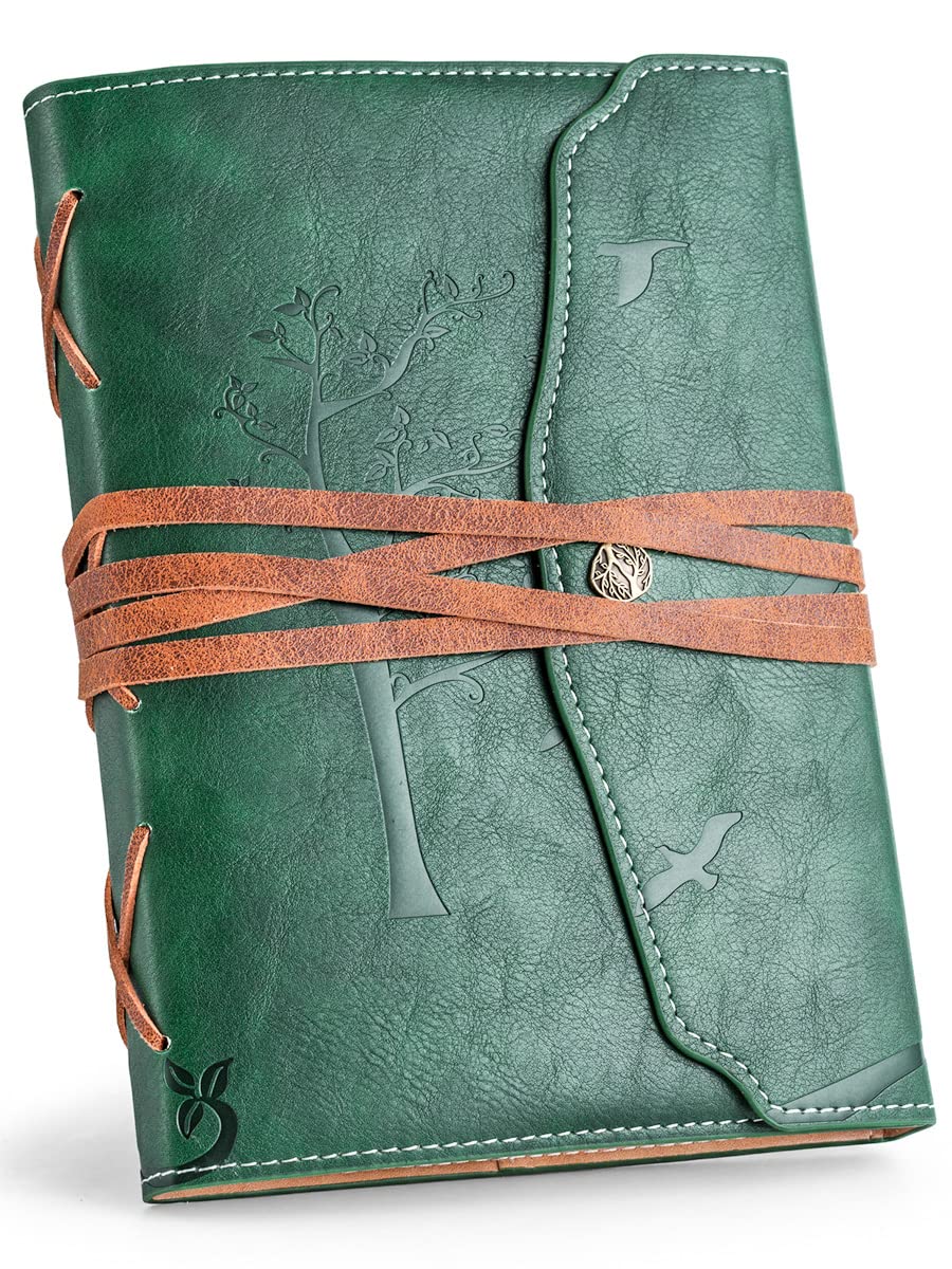 Journal with Button-Faux Leather Journal to Write in- Beautiful Tree Embossed Writing Journal -Slim A5 Refillable Green Diary Lined Pages-Vintage Writers Notebook Vegan Gift