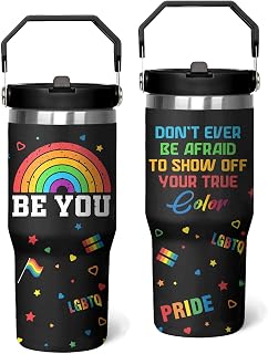Rainbow Pride Flag Tumbler, Retro Be You Travel Mug, Gay Pride Cups Lesbian Gifts for Women Men, 30 Oz Stainless Steel Tumbler With Handle & Straw, LGBTQ Awareness Month Gifts