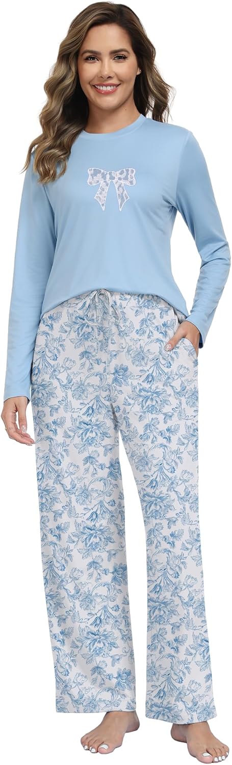 COSSEN Women's Pajamas Sets 2 Piece Sleepwear, Long Sleeve Bow Embroidered Top and Pants with Pocket Soft Lounge Pjs - Image 5