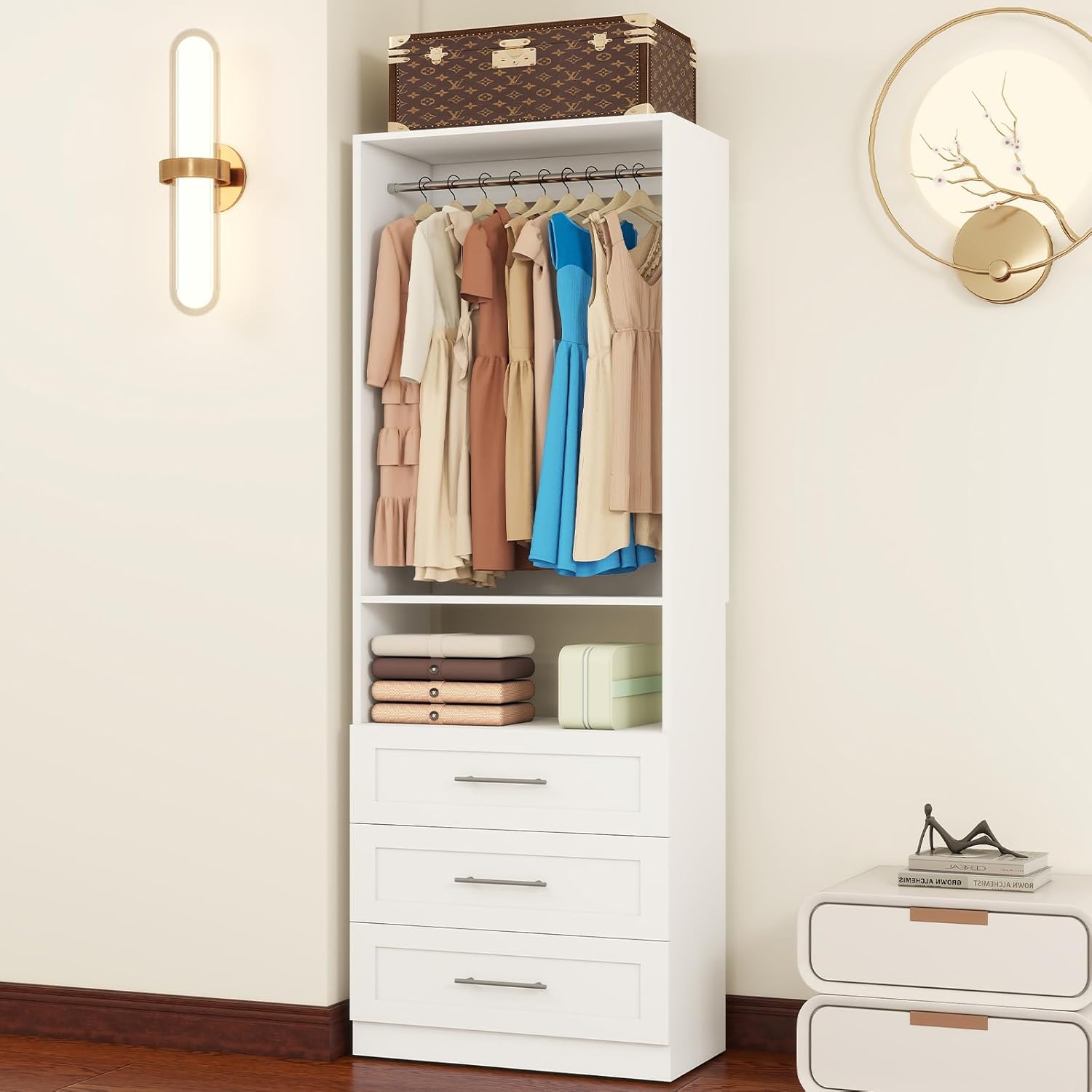 Closet System with Drawers, 2FT Closet Organizer System 23.7" Wood Walk-in Closet Shelf Corner Small Closets Storage System with Hanging Rods Modular White (2FT)