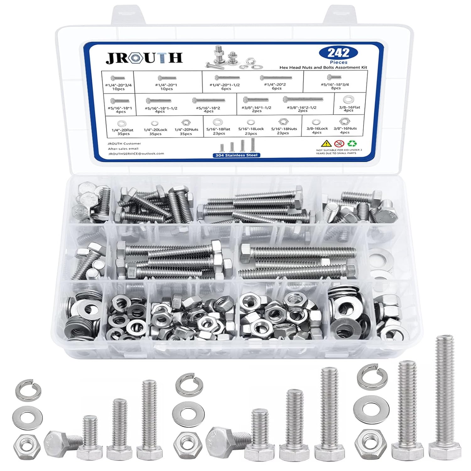 1/4-20 x1/2" Hex Head Screw Bolt(20PCS), Lock Nuts,Flat & Lock Washers Kits,304 Stainless Steel 18-8,Fully Threaded.