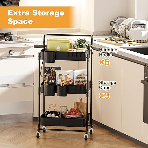 Miniatura 3 de Carrito plegable de 3 niveles con ruedas, organizador de carrito utilitario plegable, carrito de almacenamiento plegable con 3 tazas colgantes y 6