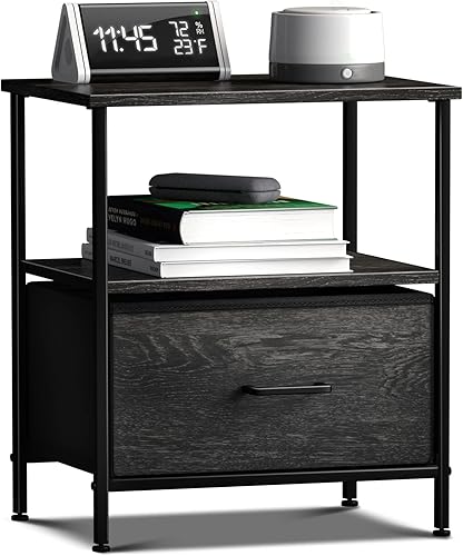 Miniatura 15 de Sorbus Mesita de noche con 1 cajón, mueble de noche y mesa auxiliar con marco de acero, parte superior de madera y contenedores de tela fáciles de