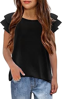 Girls T Shirts Ruffle Short Sleeve Round Neck Loose Blouse Summer Solid Color Casual Girl Tee Tops for 3-12 Years