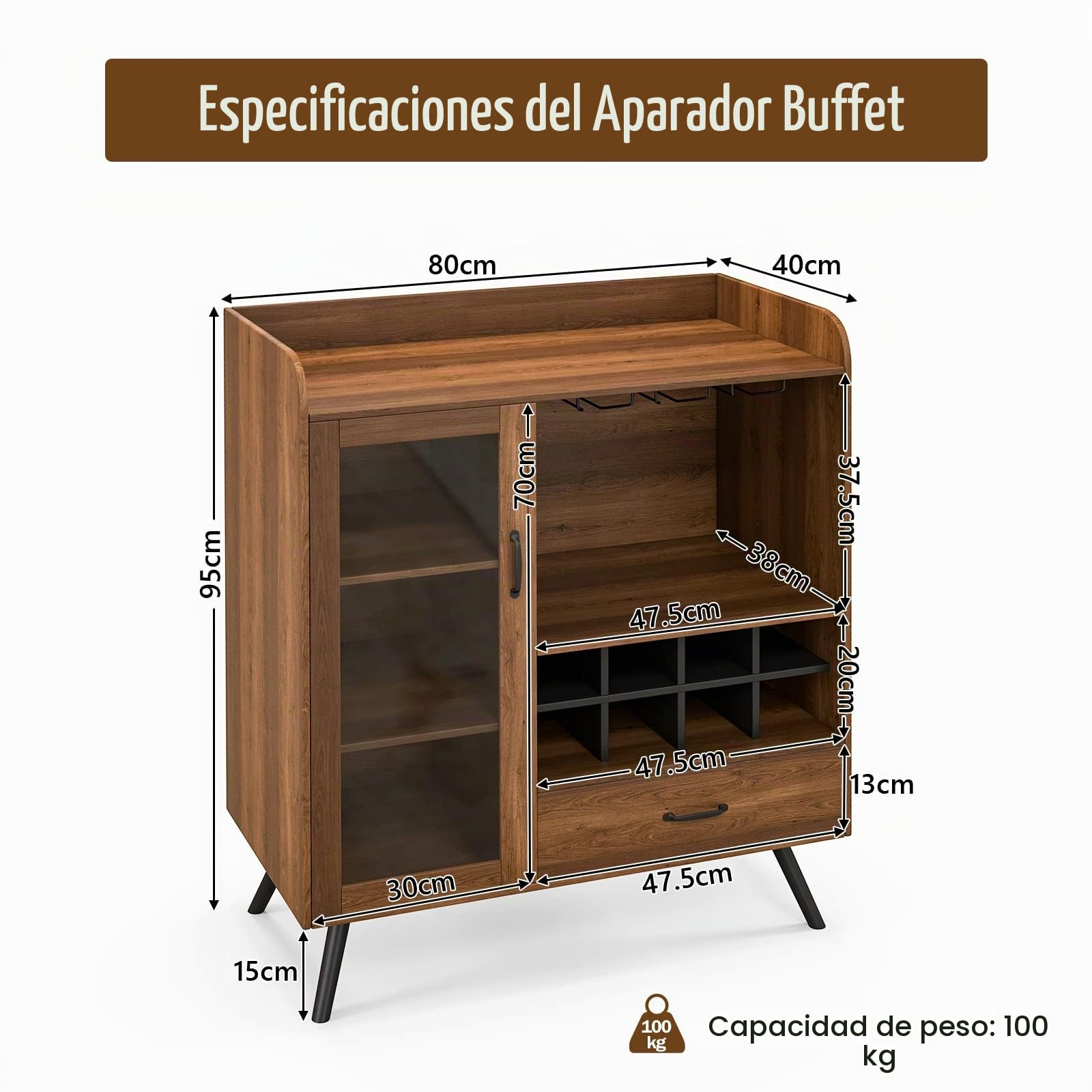 Giantex Aparador de Cocina Industrial, Mueble de Bar con Armario de Vino para 8 Botellas, Armario de Almacenamiento de Madera para Salón Cocina, Dormitorio, Entrada, Marrón