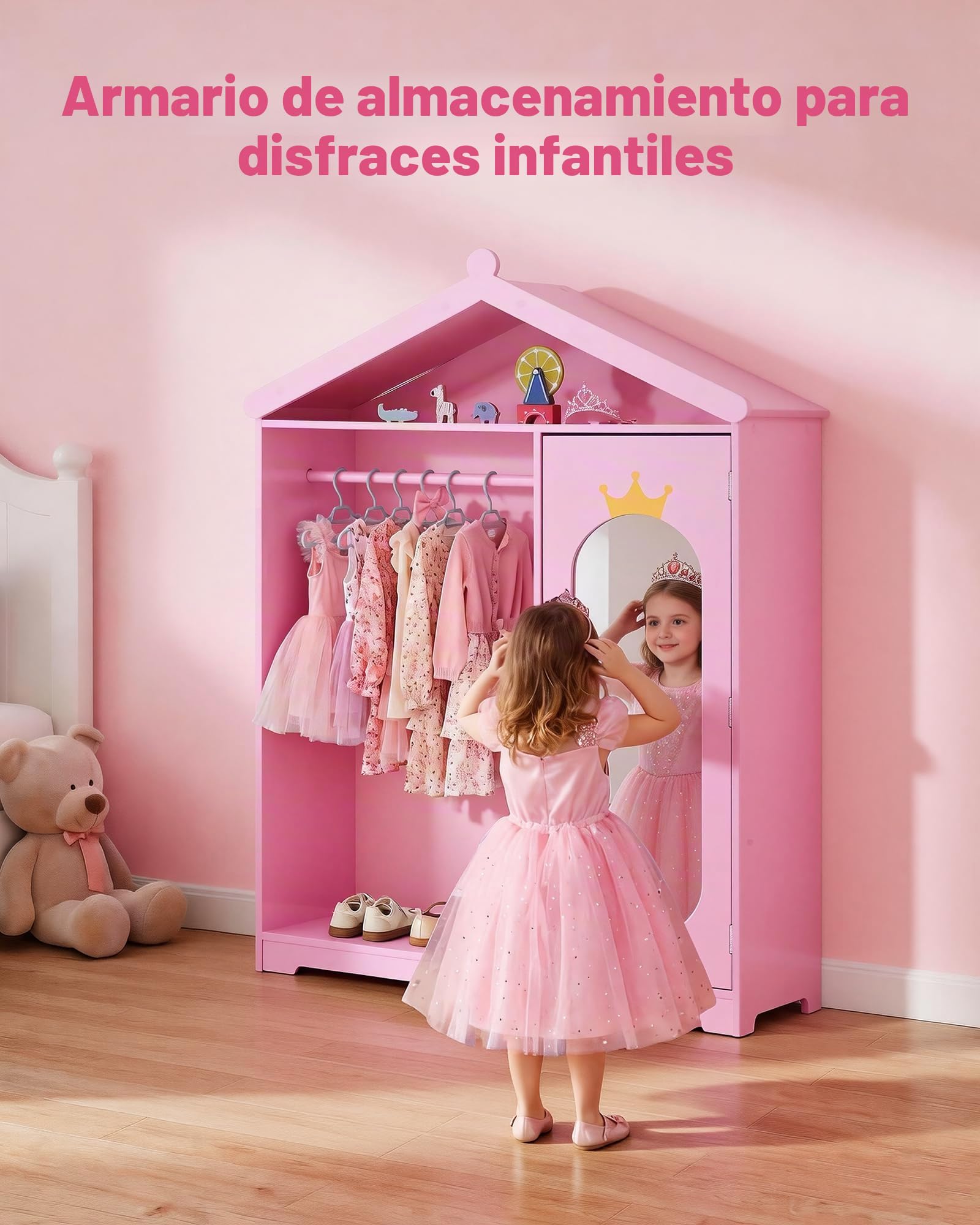 VEVOR Armario de Disfraces para Niños con Espejo, Perchero Infantil con Estantes, Mueble de Madera Estilo Cuento de Hadas para Dormitorio, Juegos, Organizador de Ropa con Barra y Compartimentos, Rosa