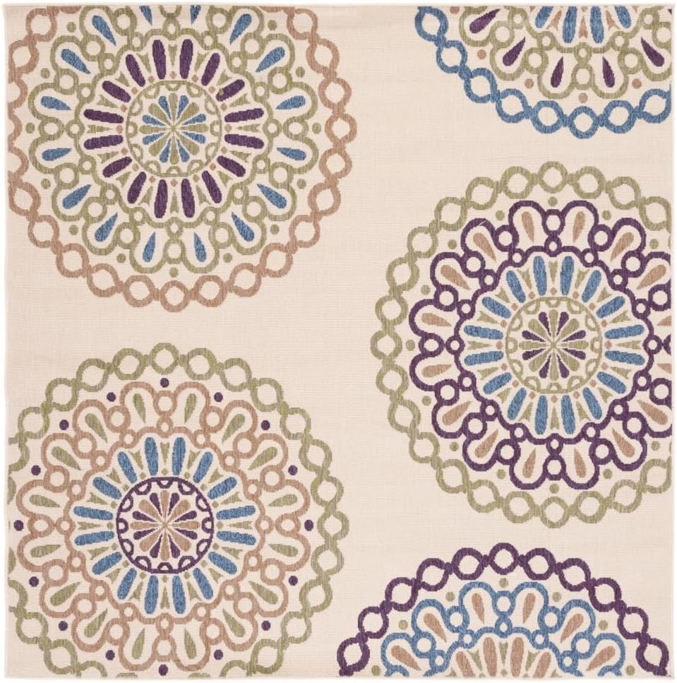 SAFAVIEH Washable Rug Outdoor Veranda Collection - 6'7" Square, Cream & Green, Non-Shedding & Easy to Clean, Ideal for Patio, Backyard, Mudroom (VER092-0514)