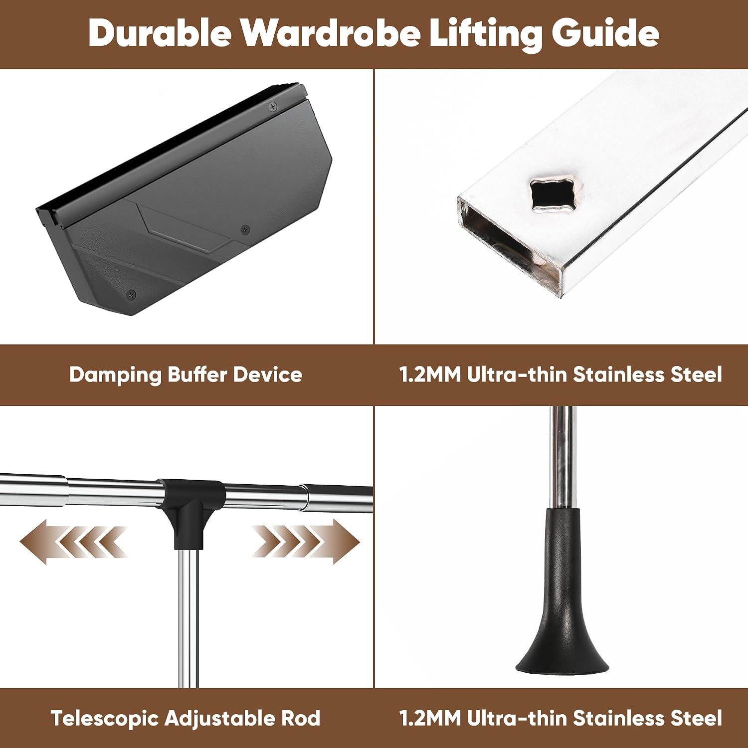 Pull Down Closet Rod, 60 lbs Load Capacity Adjustable 26-35 Inches Stainless Steel Soft-Close Wardrobe Lift with Two-way Buffering, Side&Back Mounted for Hanging Clothes