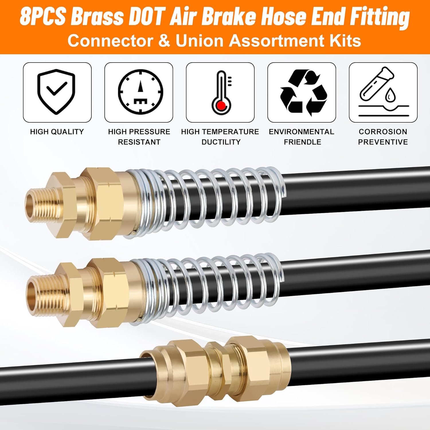 8PCS Air Brake Hose End Connector Set, Dazakoot 3/8” Male x 1/2” Hose, 1/2” x 1/2", 2PCS 1/2” Union Tube, Air Brake Hose End Fitting with Spring for Semi Truck