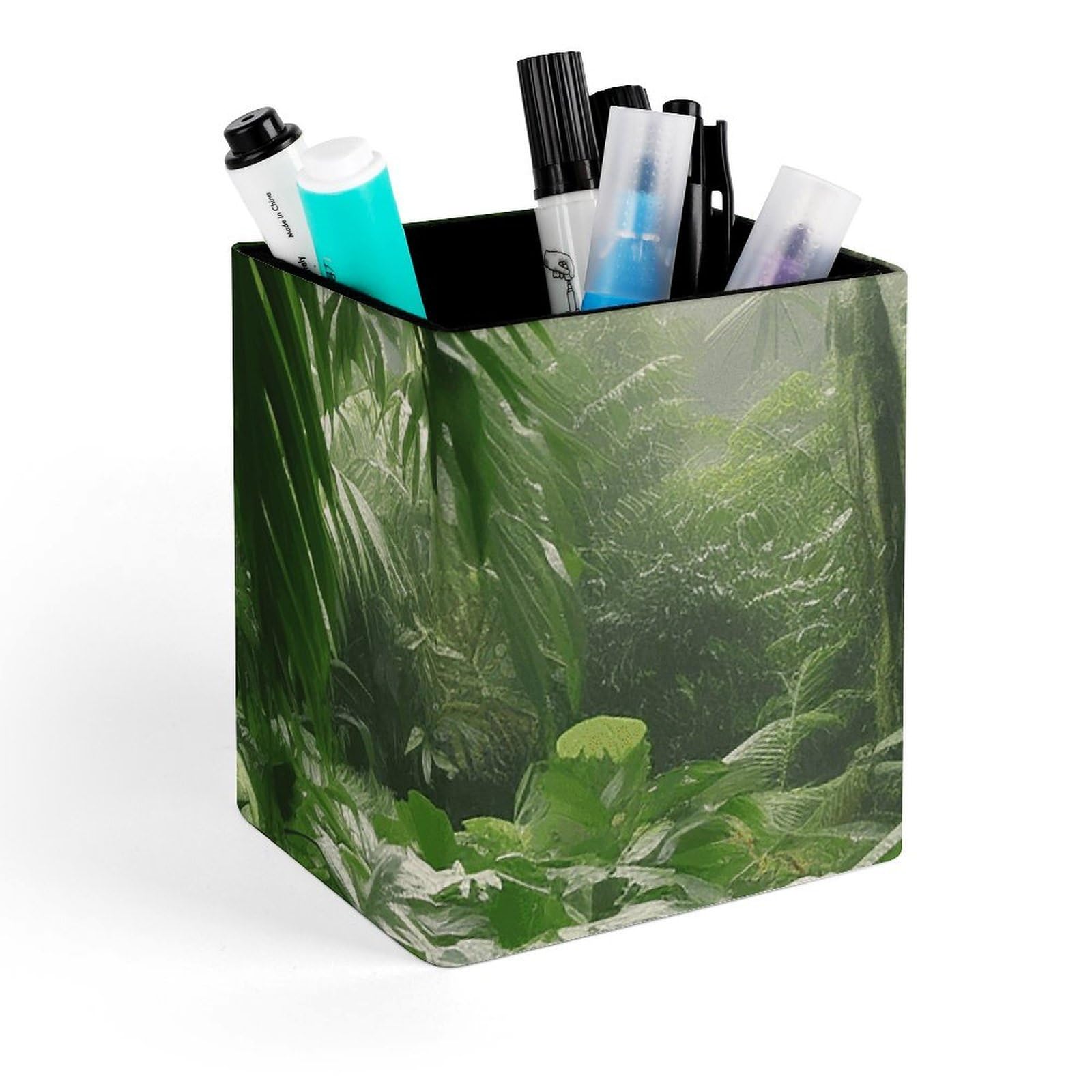 FekiLoot Tropical Rainforest Pencil Holder Square Leather Pen Holder Cup Modern Multi-Functional Pencil Cup Holder Decorative Desk Organizer Caddy Makeup Brush Holders for Desk Office