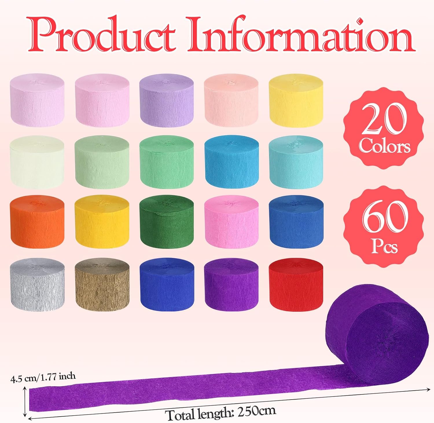Ctosree 60 Roll 4920 ft Crepe Paper Streamer Roll for Party Decoration Rainbow Crepe Paper for Flower Making Party Streamer for Birthday Wedding Baby Shower Living Room Decor (Candy Colors)