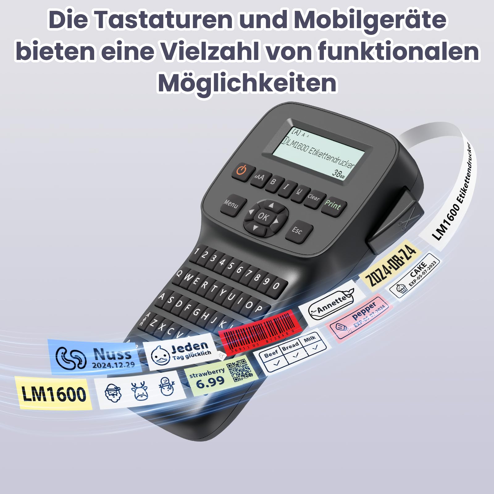 Etichettatrice industriale, portatile, Bluetooth, stampante per etichette con tastiera QWERTZ, adatta per ufficio, casa e officina, LM1600