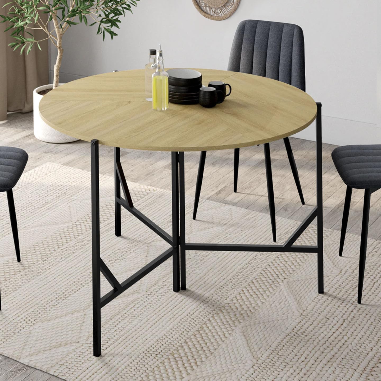 IDMarket - Tavolo da pranzo rotondo pieghevole YAEL per 4 persone, legno e nero, design industriale, 110 cm