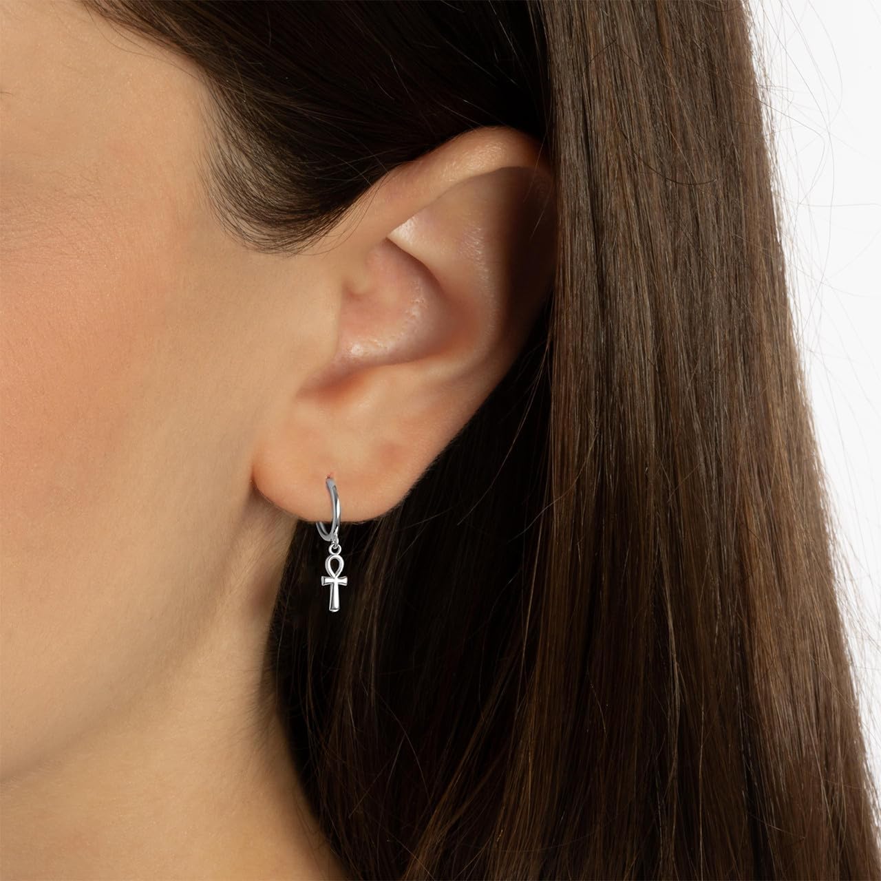.925 Sterling Silver Egyptian Ankh Cross Huggie Hoop Earrings
