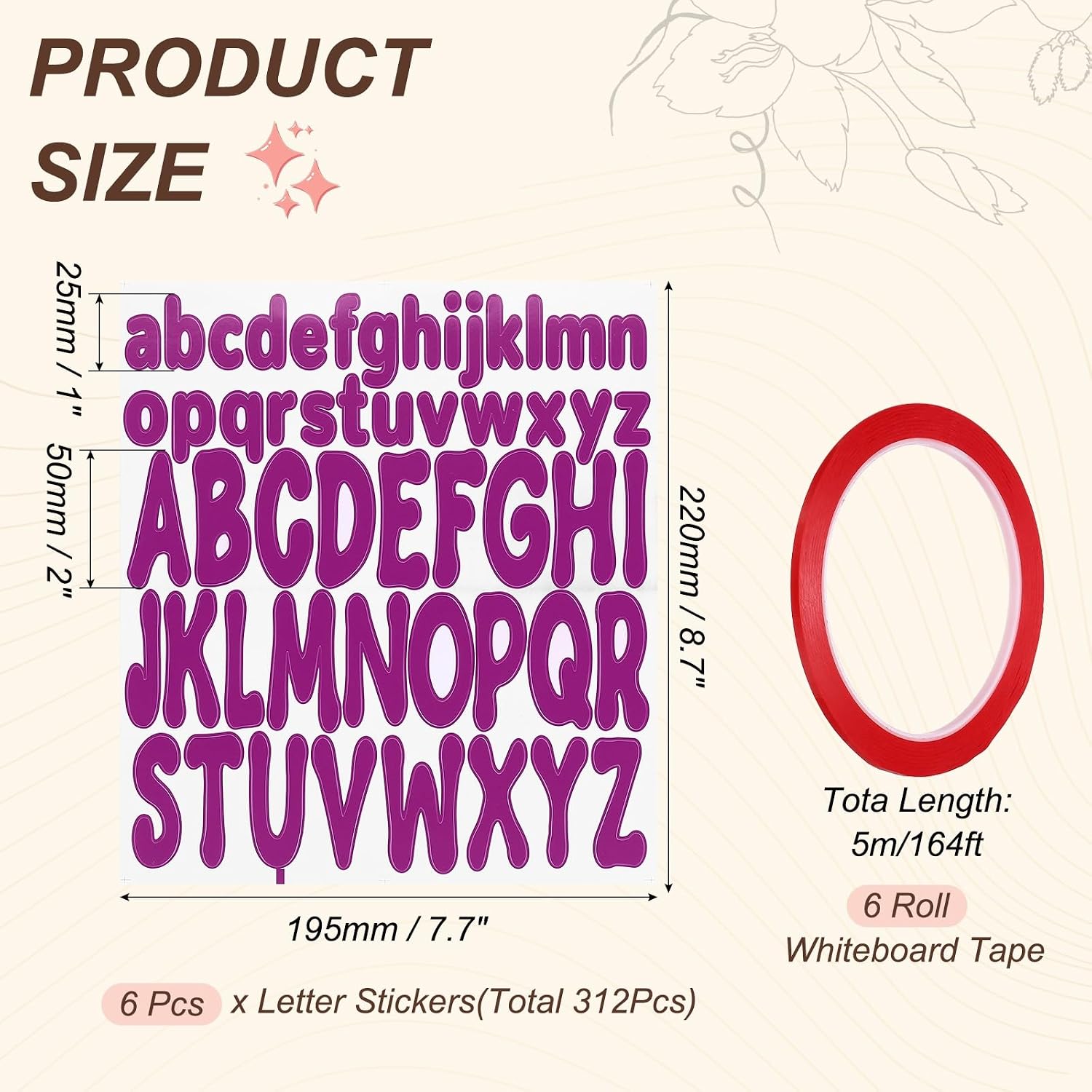 PATIKIL 312Pcs 2+1" Purple Letter Stickers with 6 Roll 1/8" 164ft Whiteboard Tape, Self Adhesive Waterproof Alphabet Stickers Pinstripe Tape for Mailbox Scrapbook Sign, Style3, Red