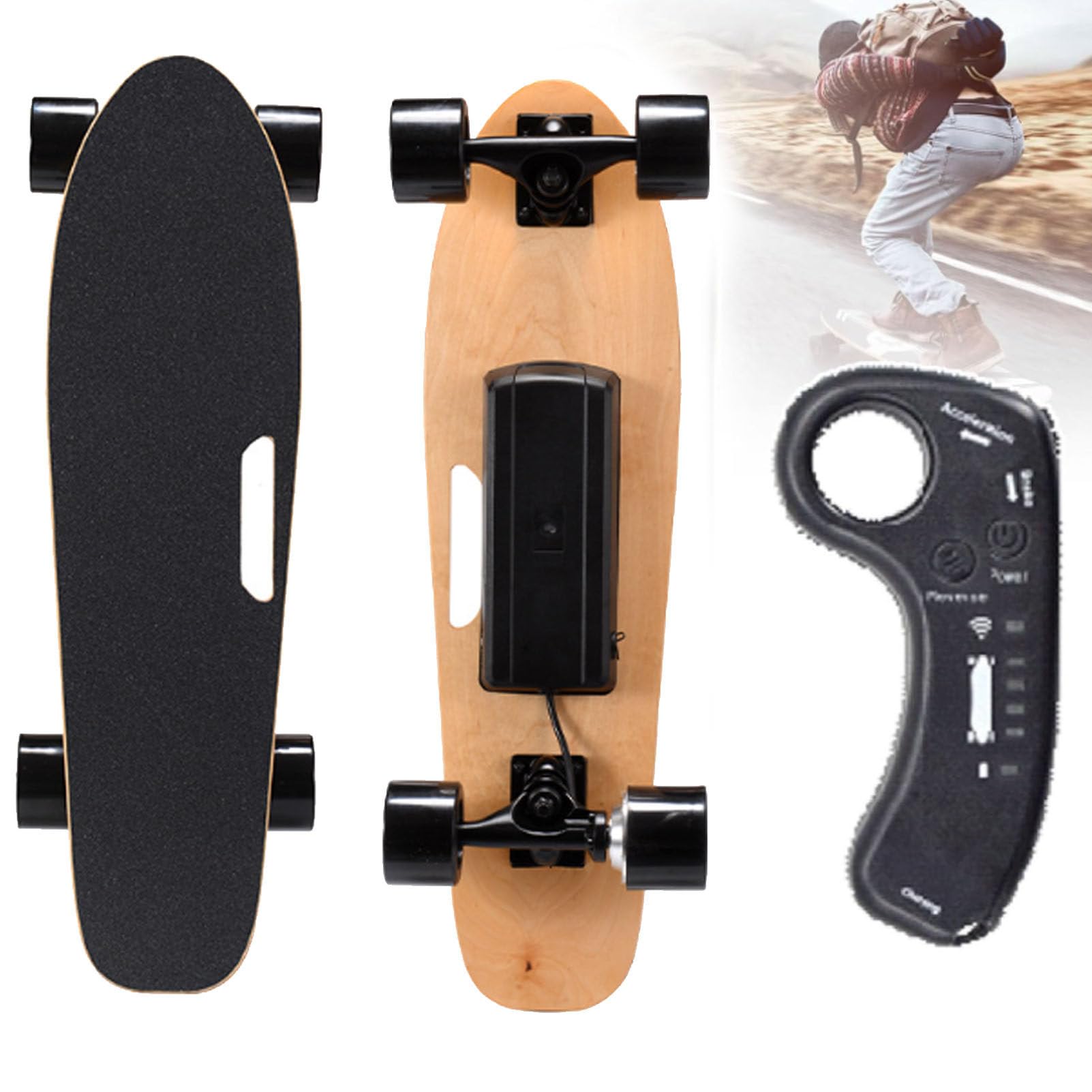 Skateboard électrique avec télécommande, Vitesse maximale de 22 km/h, autonomie de 8 km, Moteur de moyeu de 350 W, Skateboard Longboard pour Adultes et Adolescents, 3 Vitesses réglables