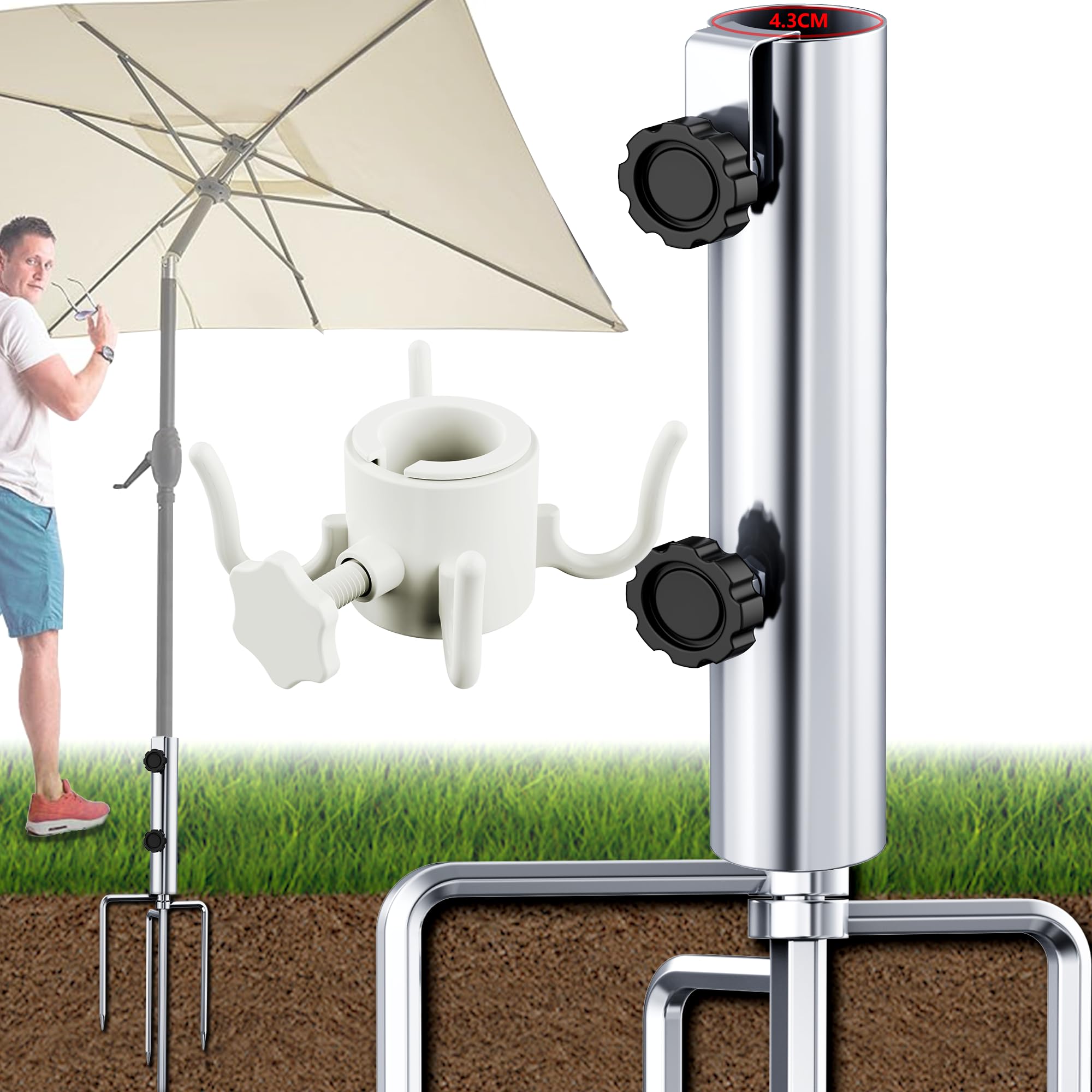 Stojak na parasol przeciwsłoneczny XL Ø 43 mm z hakiem na parasol plażowy – stojak na parasole z 4 śledziami, zdejmowany, regulowany, wytrzymała kotwa podłogowa do parasola przeciwsłonecznego