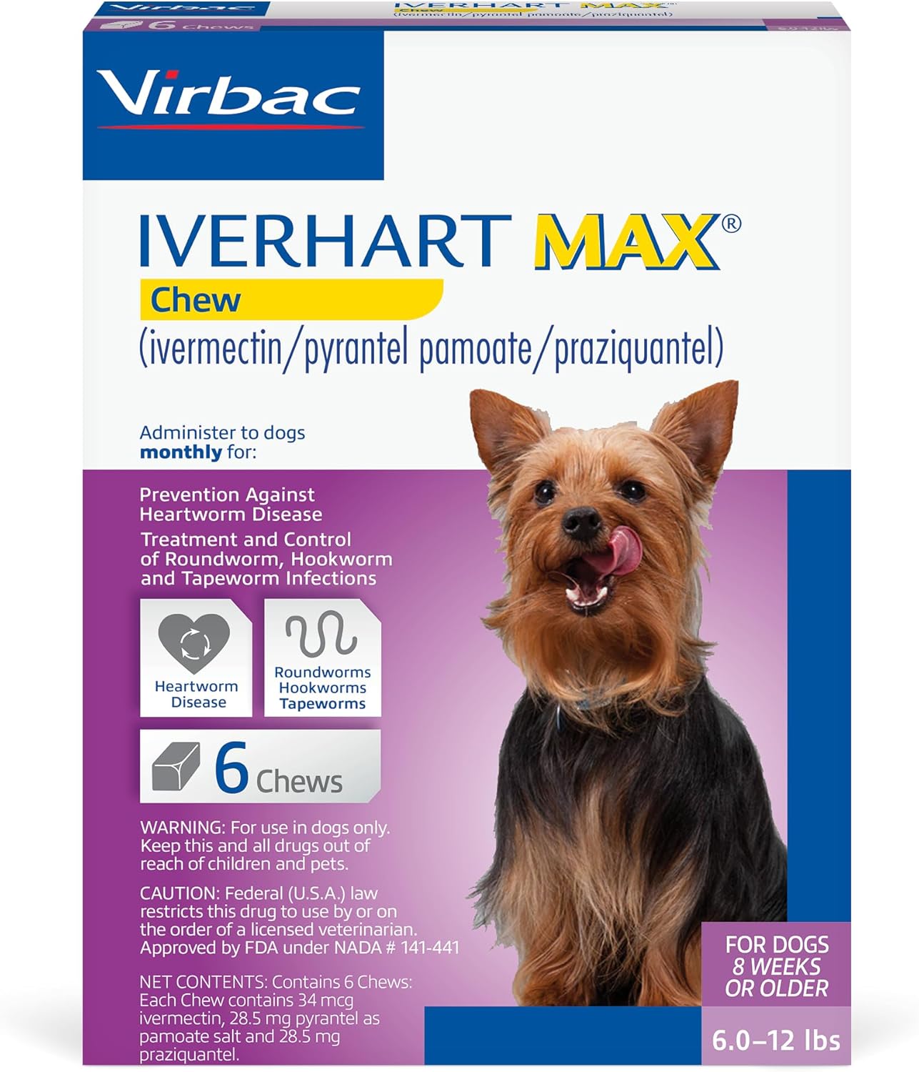 IVERHART MAX® Chew (ivermectin/pyrantel pamoate/praziquantel) 6.0-12 lbs, 6 Chews for Dogs